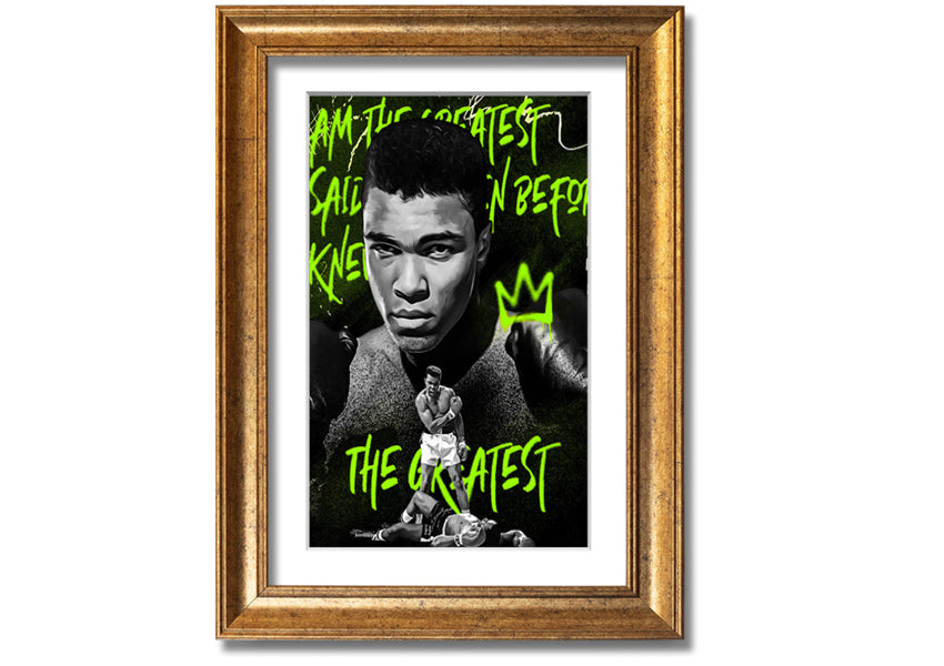 Canvas art featuring Muhammad Ali, mounted on a 44mm box frame, showcasing vibrant colors and iconic imagery.