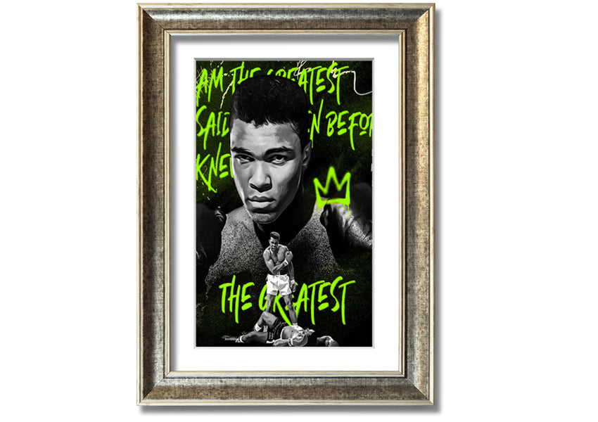 Canvas art featuring Muhammad Ali, mounted on a 44mm box frame, showcasing vibrant colors and iconic imagery.