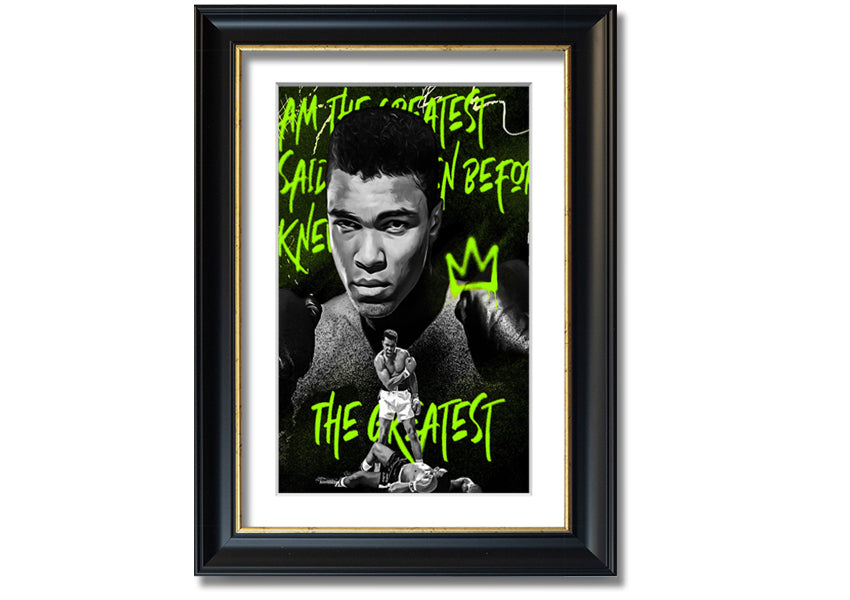 Canvas art featuring Muhammad Ali, mounted on a 44mm box frame, showcasing vibrant colors and iconic imagery.