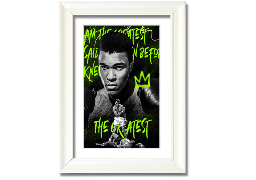 Canvas art featuring Muhammad Ali, mounted on a 44mm box frame, showcasing vibrant colors and iconic imagery.