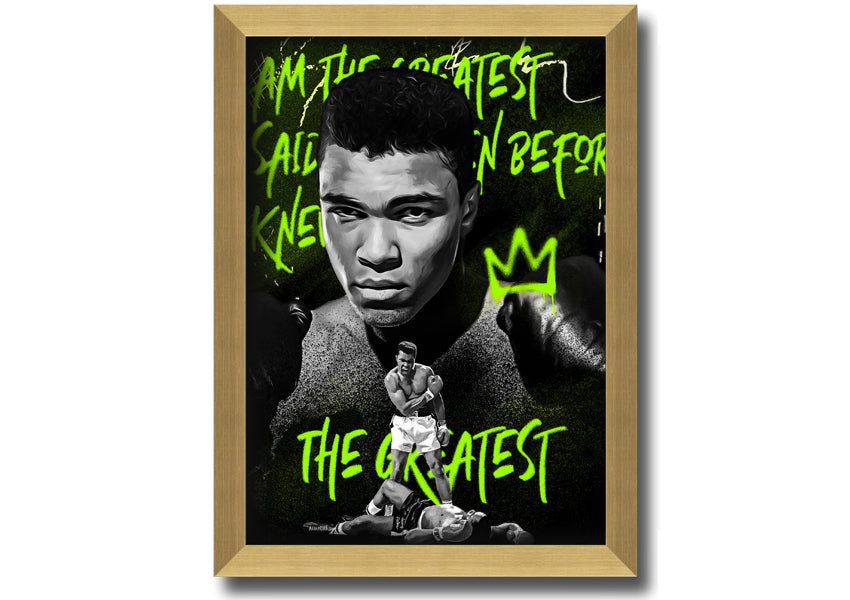 Canvas art featuring Muhammad Ali, mounted on a 44mm box frame, showcasing vibrant colors and iconic imagery.
