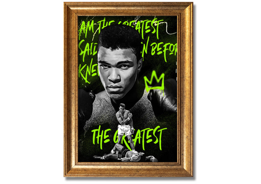 Canvas art featuring Muhammad Ali, mounted on a 44mm box frame, showcasing vibrant colors and iconic imagery.