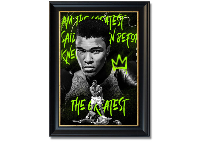 Canvas art featuring Muhammad Ali, mounted on a 44mm box frame, showcasing vibrant colors and iconic imagery.