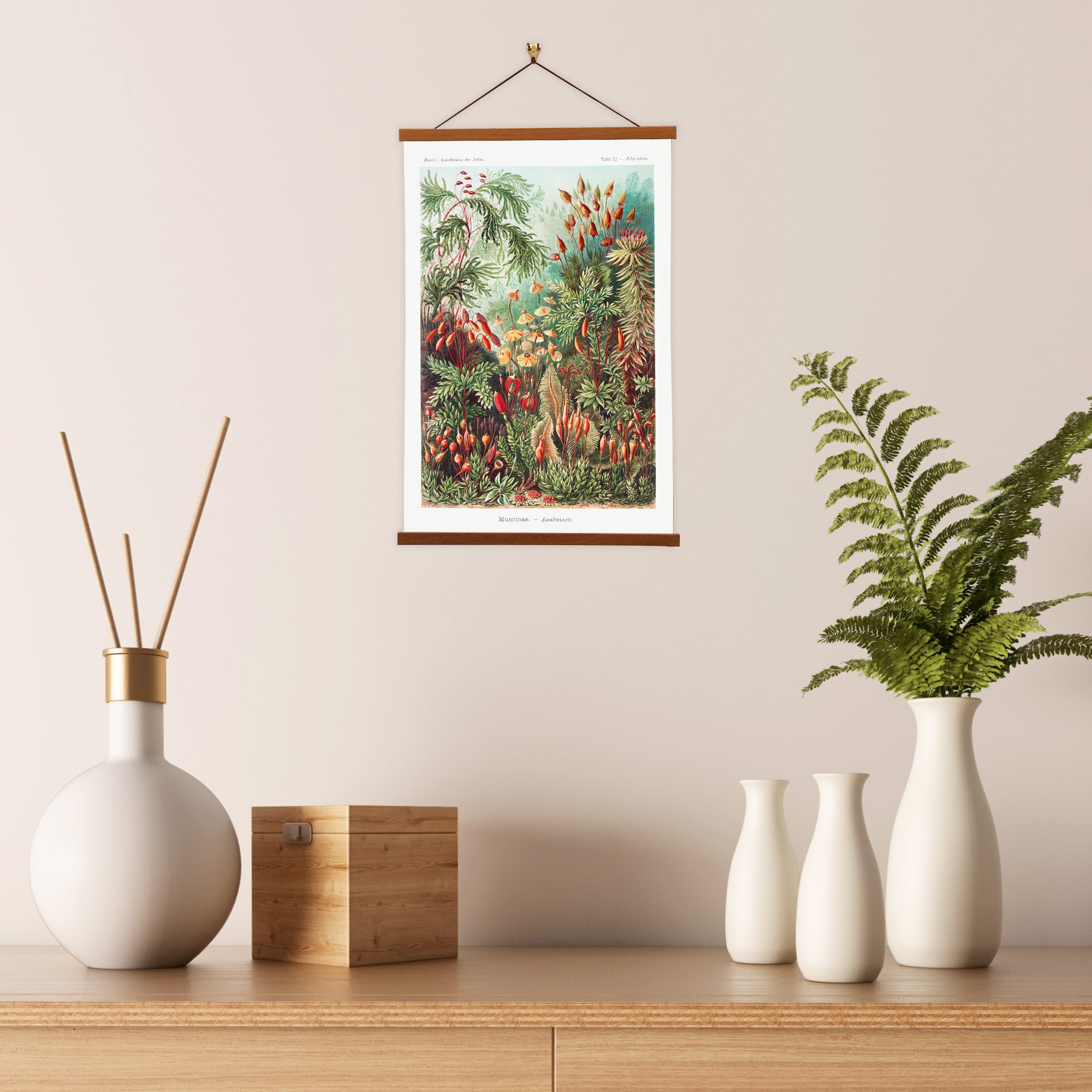 Botanical print above minimalist decor.