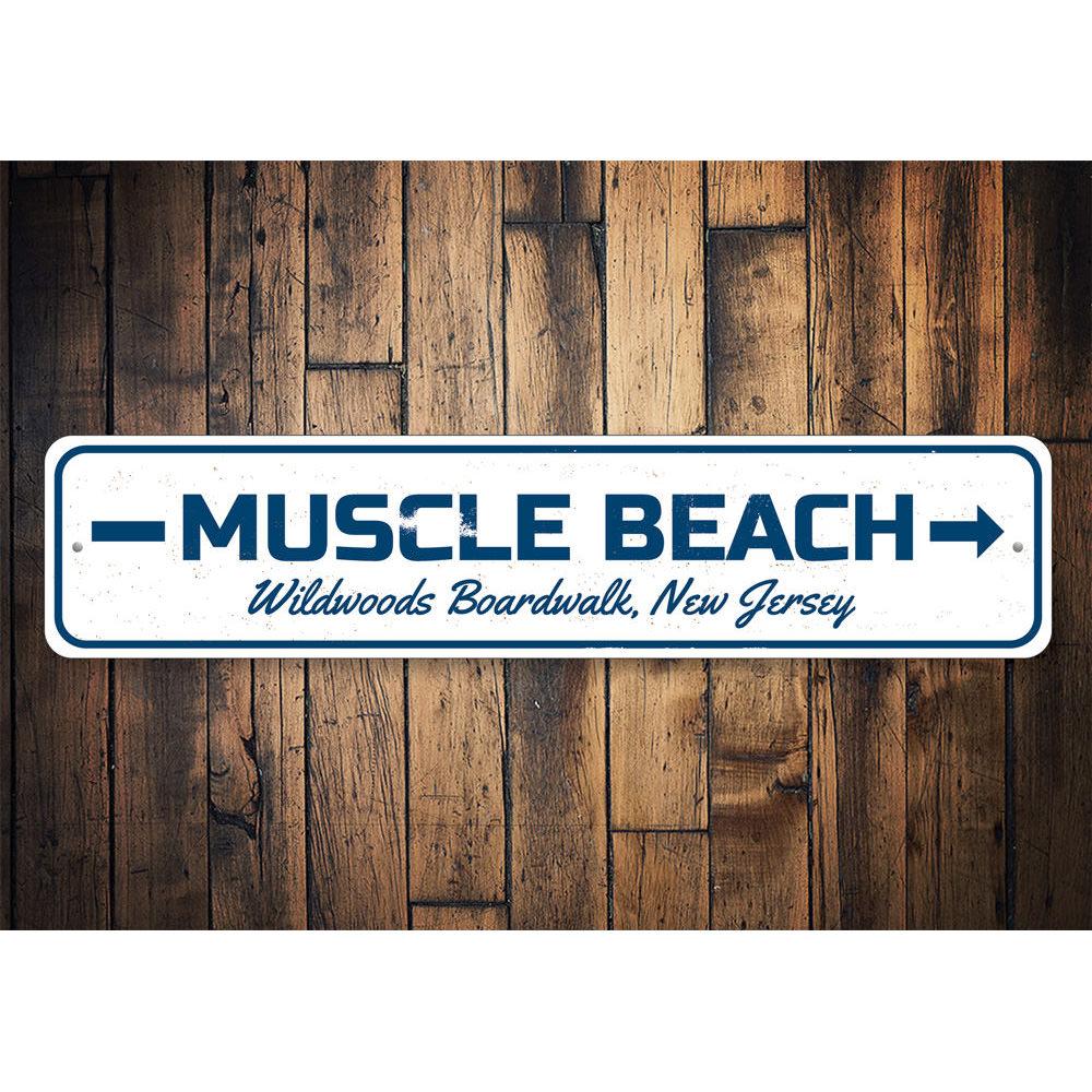 Muscle Beach Sign made of high-quality aluminum, featuring customizable text and pre-drilled holes for easy mounting.