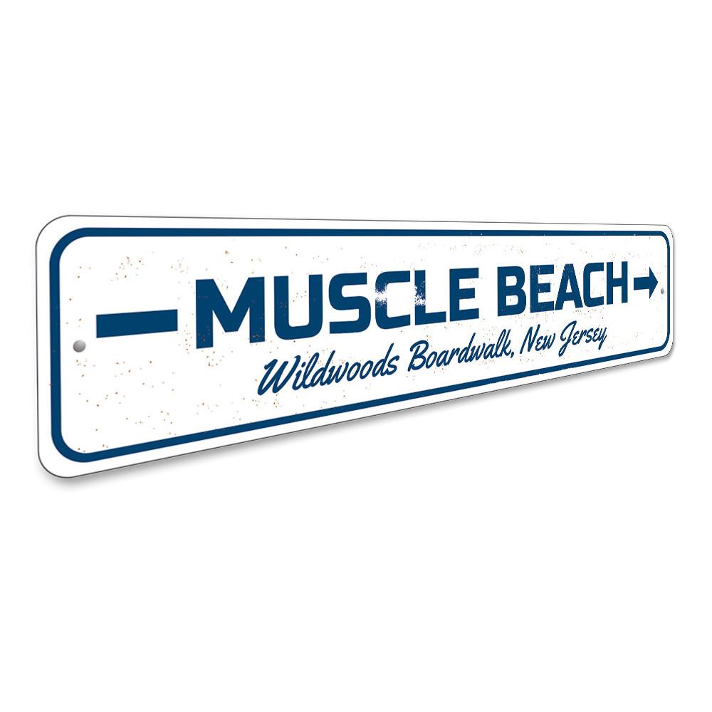 Muscle Beach Sign made of high-quality aluminum, featuring customizable text and pre-drilled holes for easy mounting.