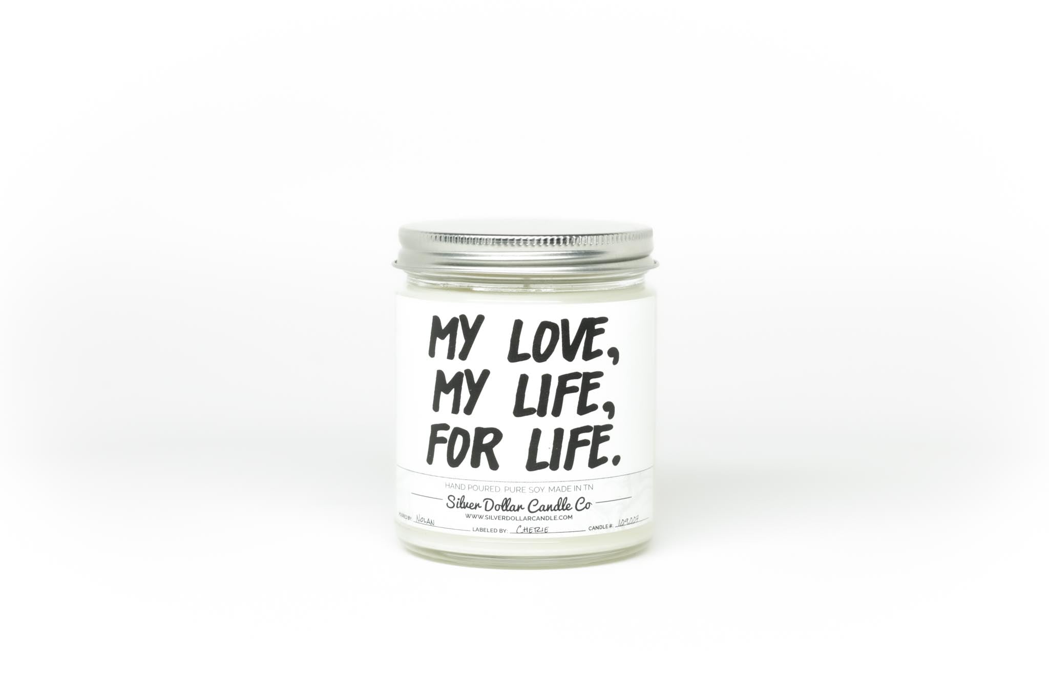 My Love, My Life, For Life Candle with elegant packaging and personalized lid option, inspired by Johnny and June Cash.