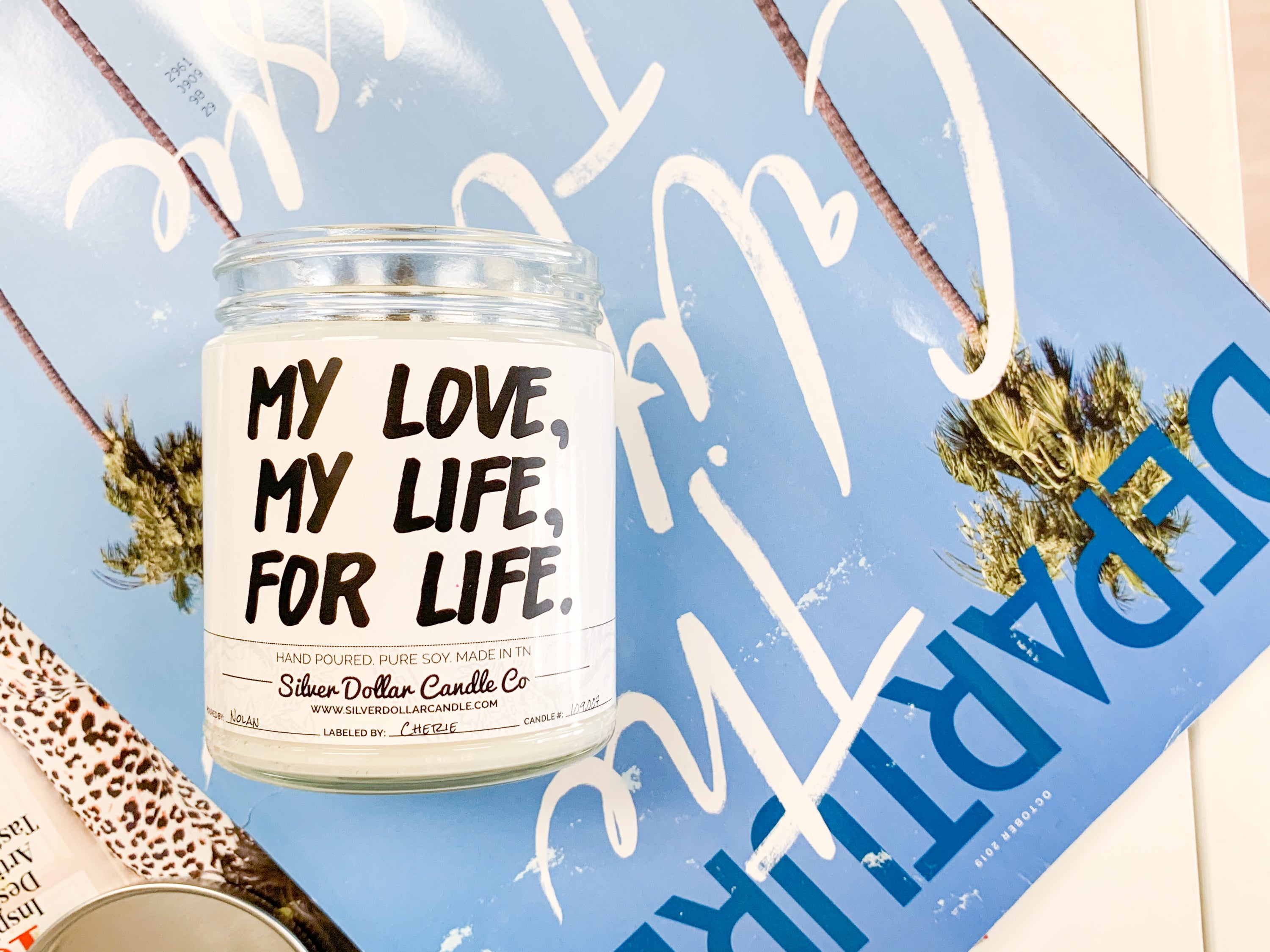 My Love, My Life, For Life Candle with elegant packaging and personalized lid option, inspired by Johnny and June Cash.
