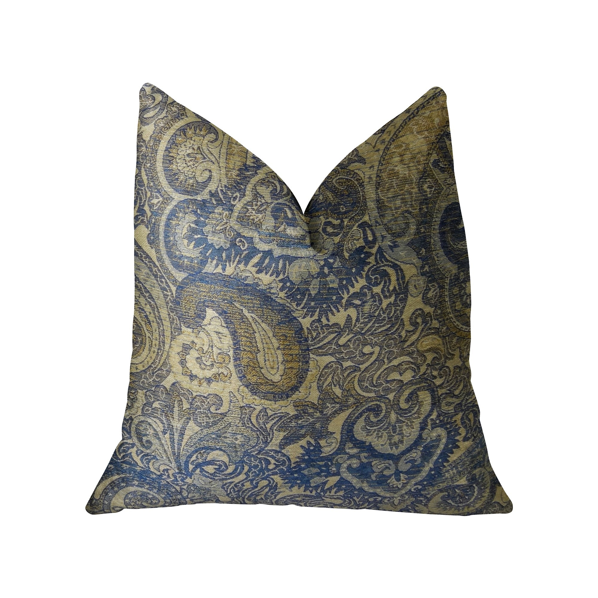 Myrtle Navy Blue and Taupe Handmade Luxury Pillow featuring paisley pattern and invisible zipper.