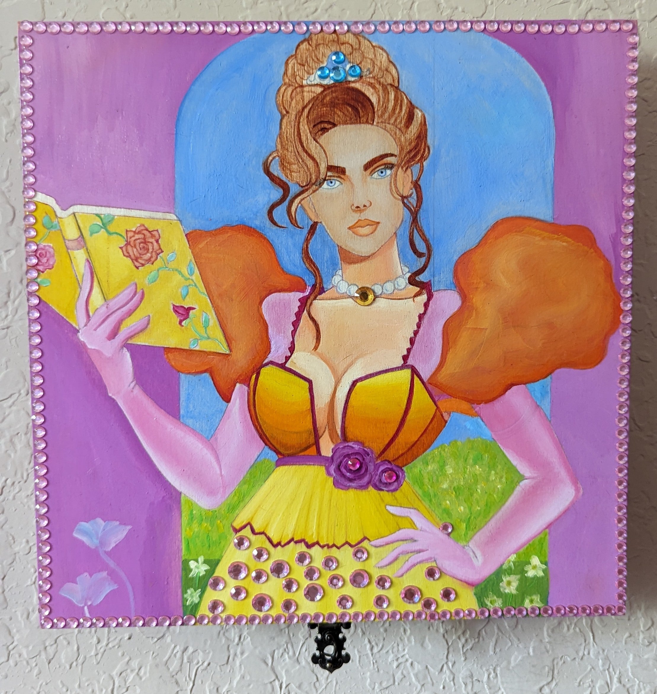 Mythic Wishbox Oil Painting by Sharon Tatem featuring Briena in Green, showcasing intricate designs and a magical maiden.