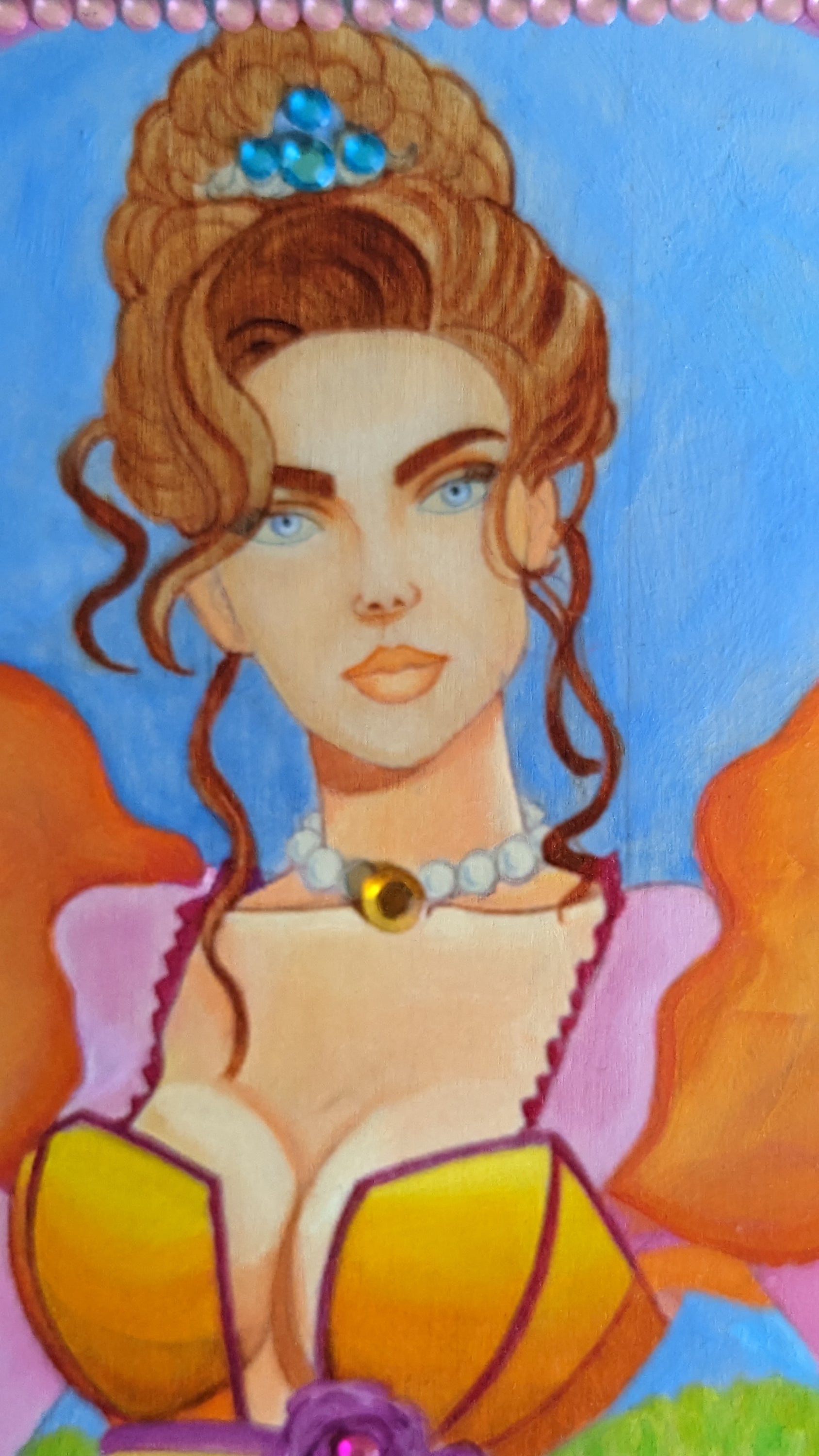 Mythic Wishbox Oil Painting by Sharon Tatem featuring Briena in Green, showcasing intricate designs and a magical maiden.