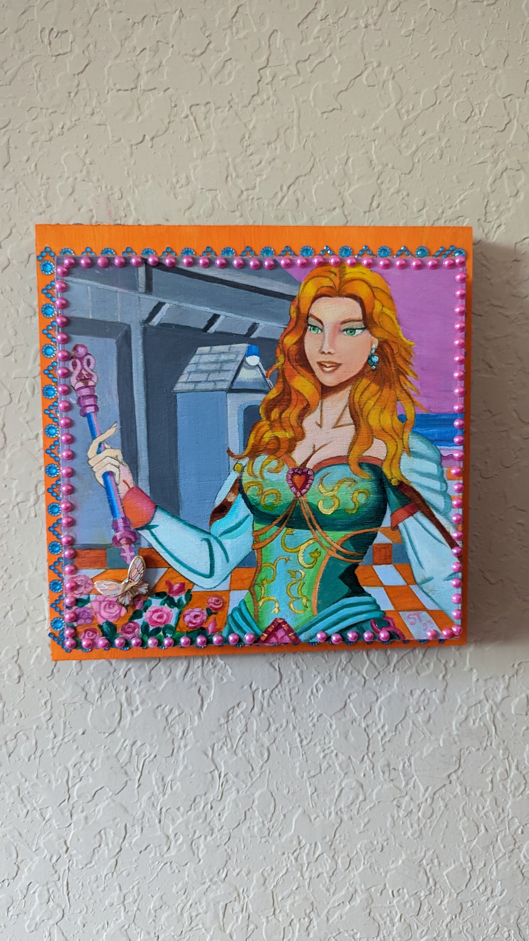 Mythic Wishbox Oil Painting by Sharon Tatem featuring the Guenevere Maiden, showcasing vibrant colors and intricate details.