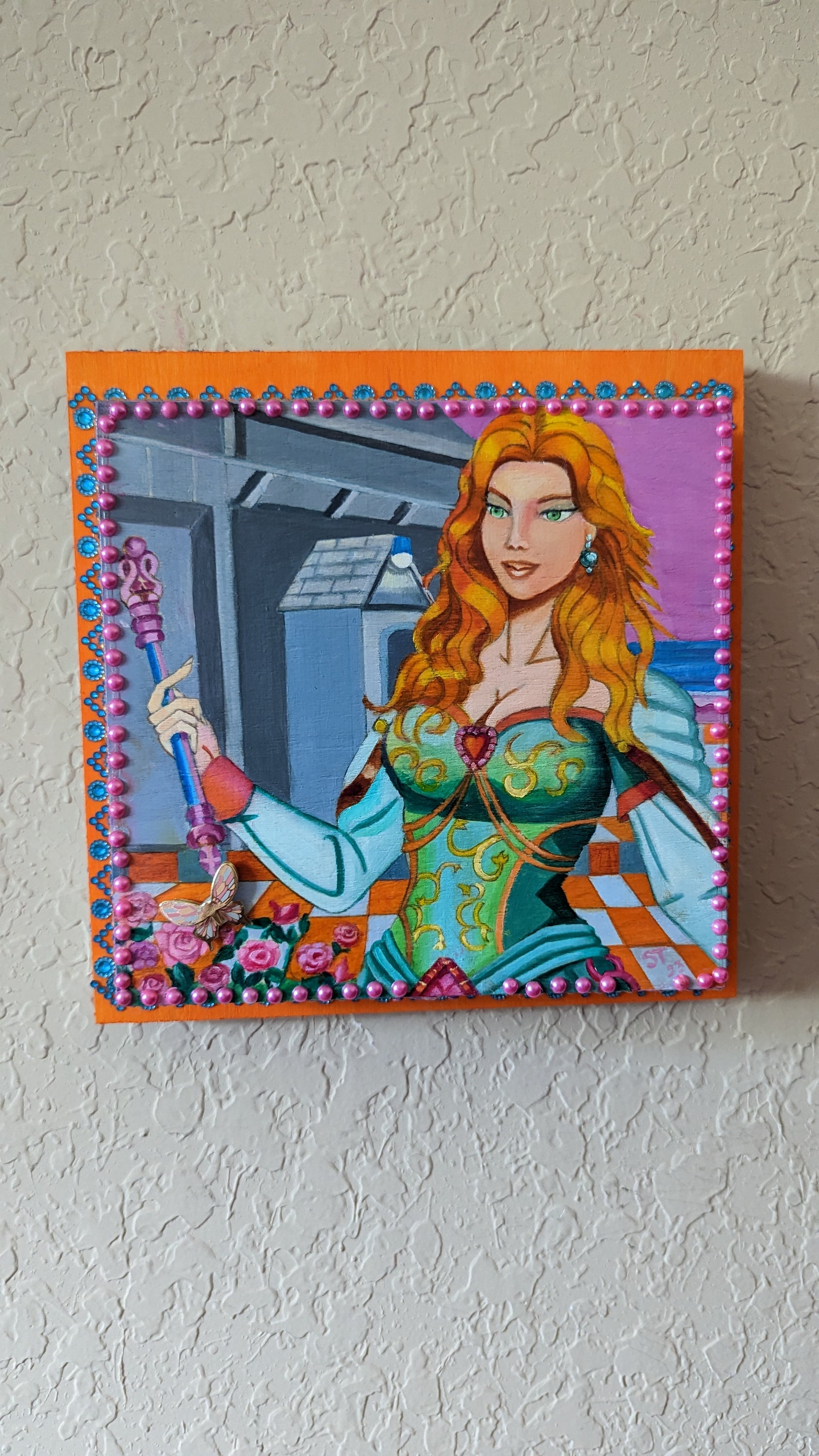 Mythic Wishbox Oil Painting by Sharon Tatem featuring the Guenevere Maiden, showcasing vibrant colors and intricate details.