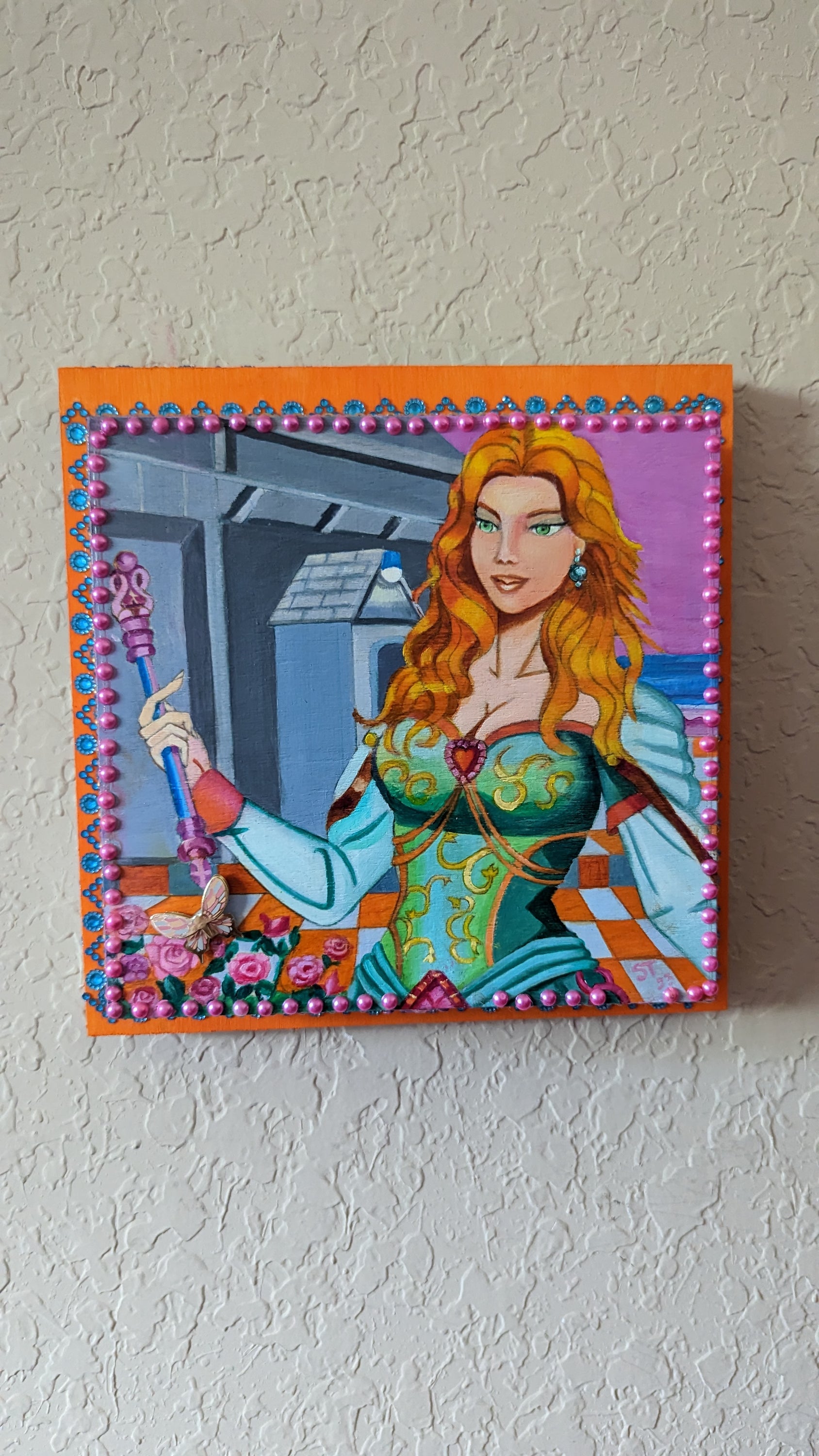 Mythic Wishbox Oil Painting by Sharon Tatem featuring the Guenevere Maiden, showcasing vibrant colors and intricate details.
