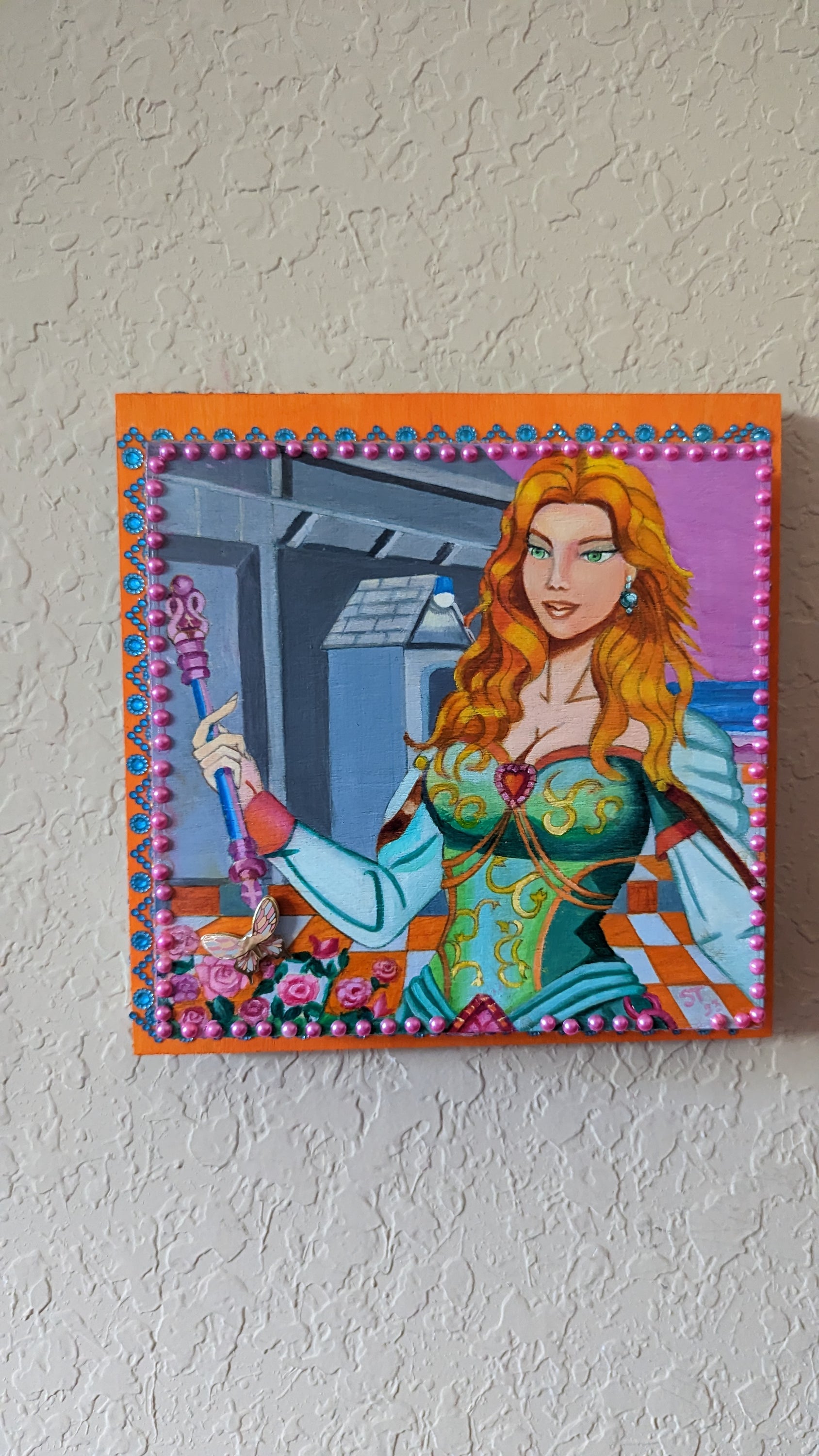 Mythic Wishbox Oil Painting by Sharon Tatem featuring the Guenevere Maiden, showcasing vibrant colors and intricate details.