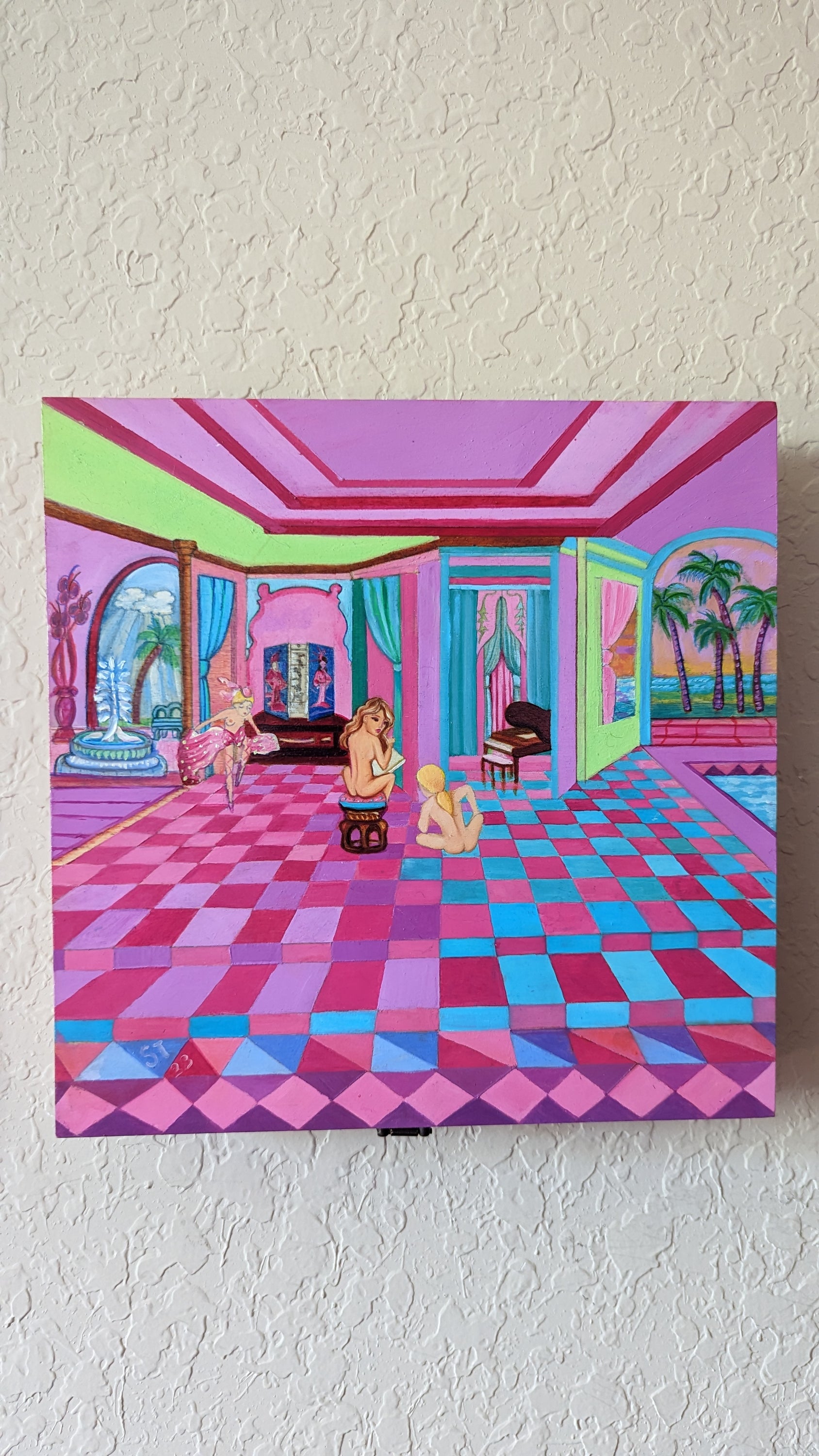 A beautifully hand-decorated Wish Box by Sharon Tatem featuring intricate designs and a powerful maiden, symbolizing dreams and wishes.