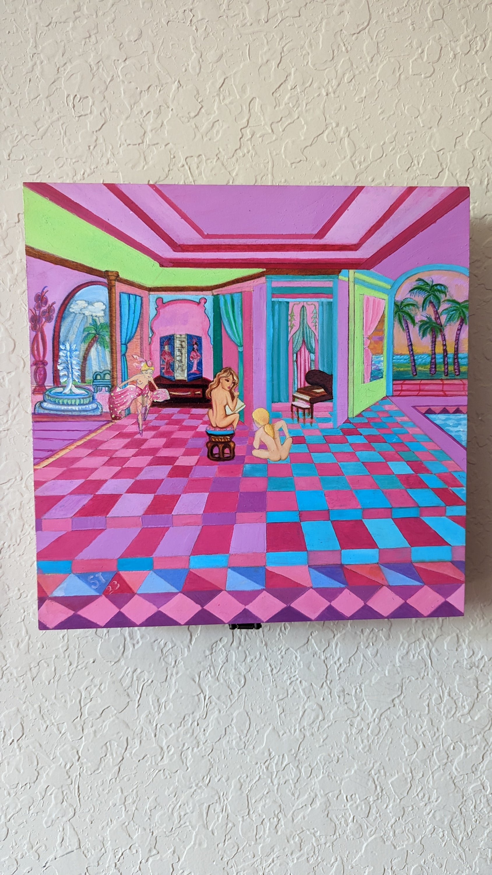 A beautifully hand-decorated Wish Box by Sharon Tatem featuring intricate designs and a powerful maiden, symbolizing dreams and wishes.