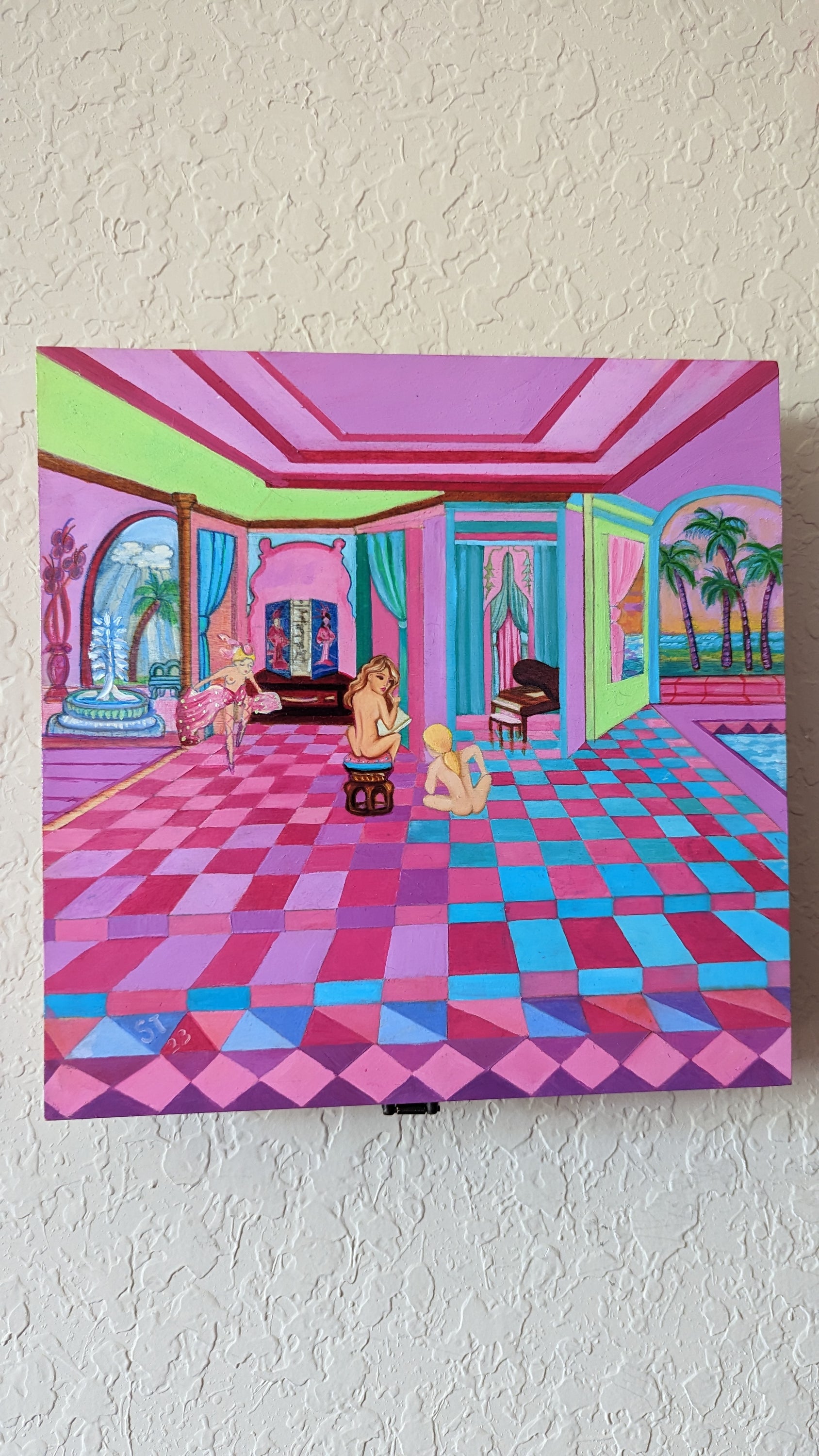 A beautifully hand-decorated Wish Box by Sharon Tatem featuring intricate designs and a powerful maiden, symbolizing dreams and wishes.