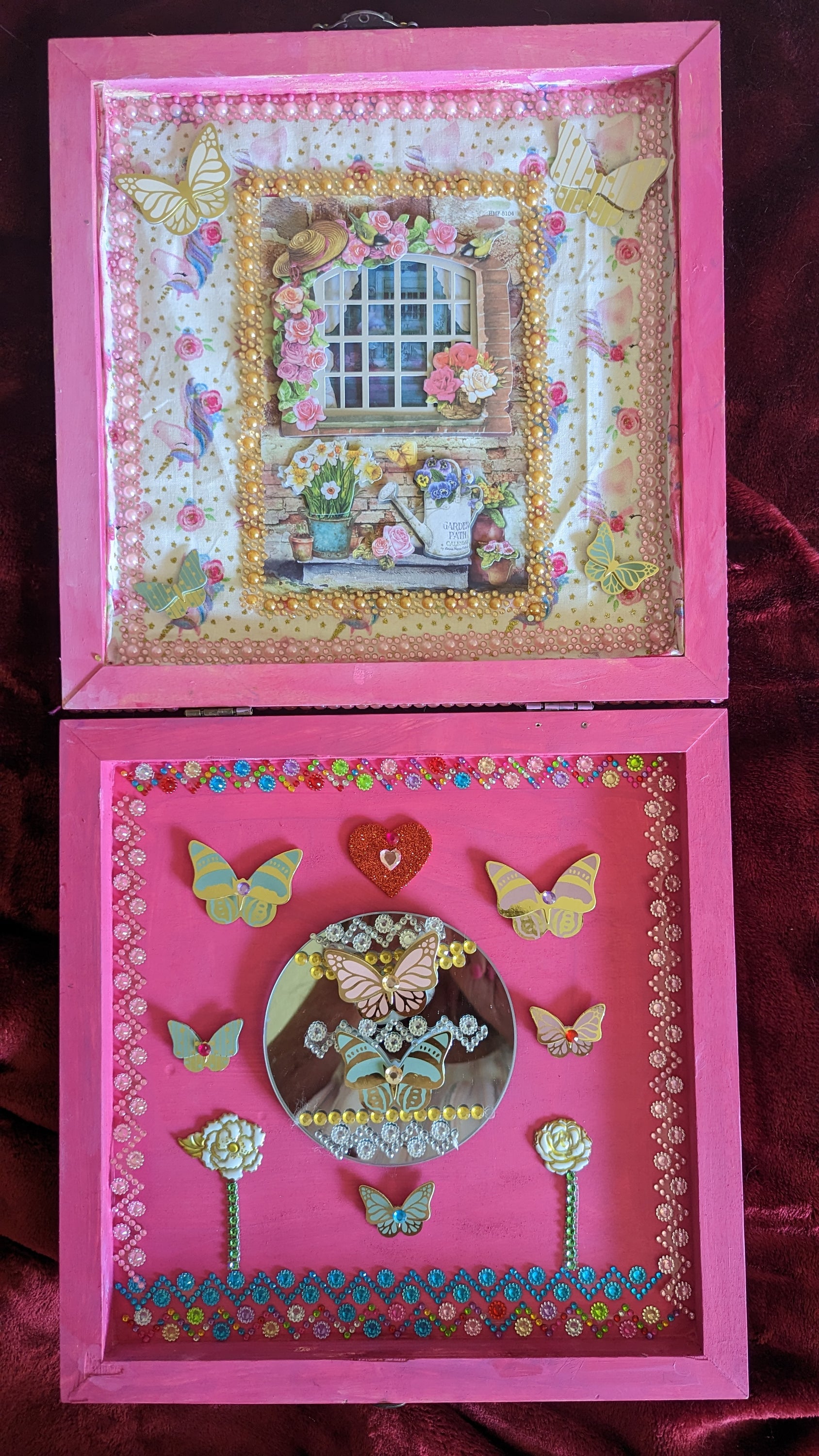 A beautifully hand-decorated Wish Box by Sharon Tatem featuring intricate designs and a powerful maiden, symbolizing dreams and wishes.