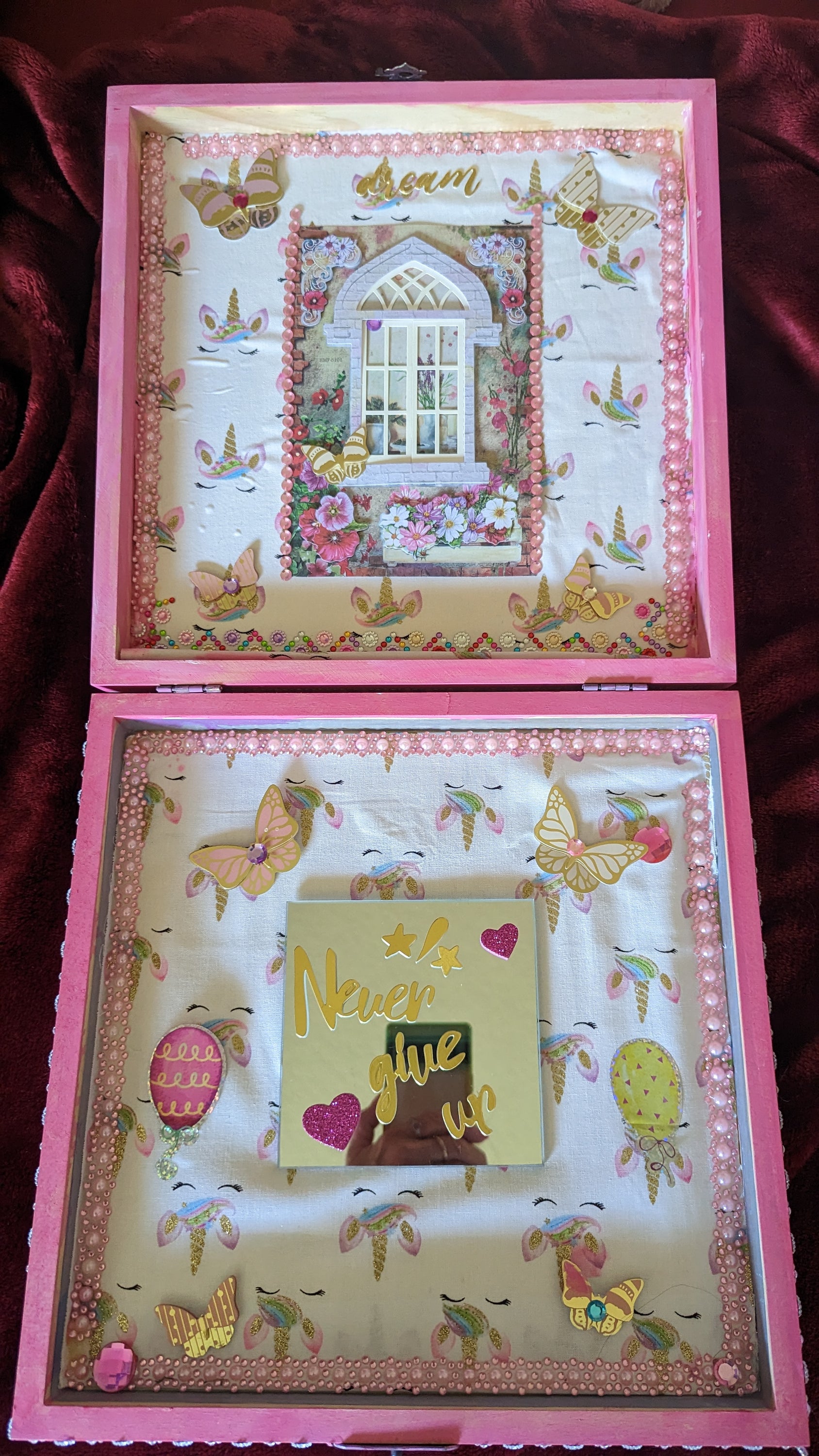 Mythic Wishbox Oil Painting featuring Nimue in a pink maiden design by Sharon Tatem, showcasing intricate details and vibrant colors.