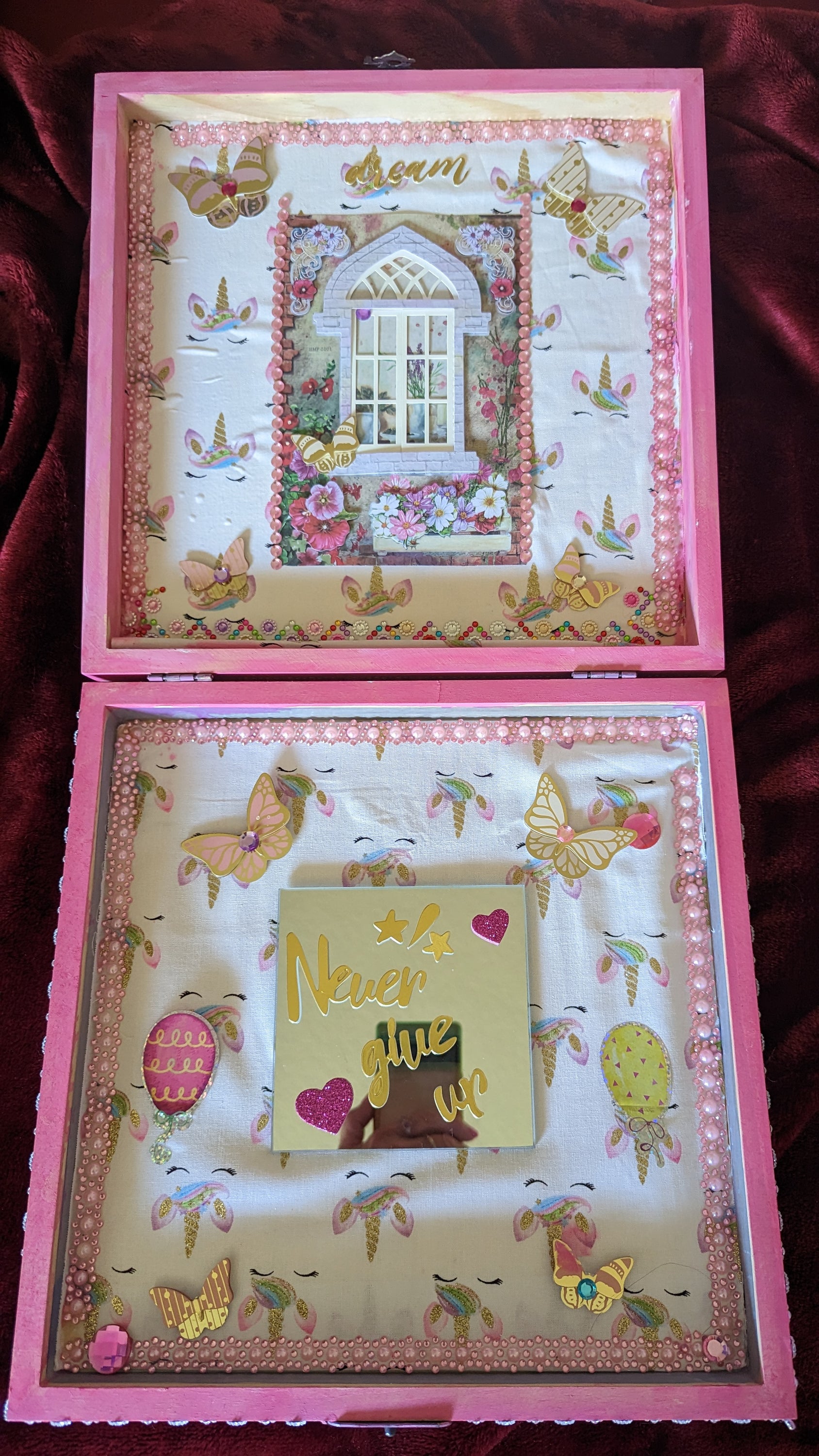 Mythic Wishbox Oil Painting featuring Nimue in a pink maiden design by Sharon Tatem, showcasing intricate details and vibrant colors.