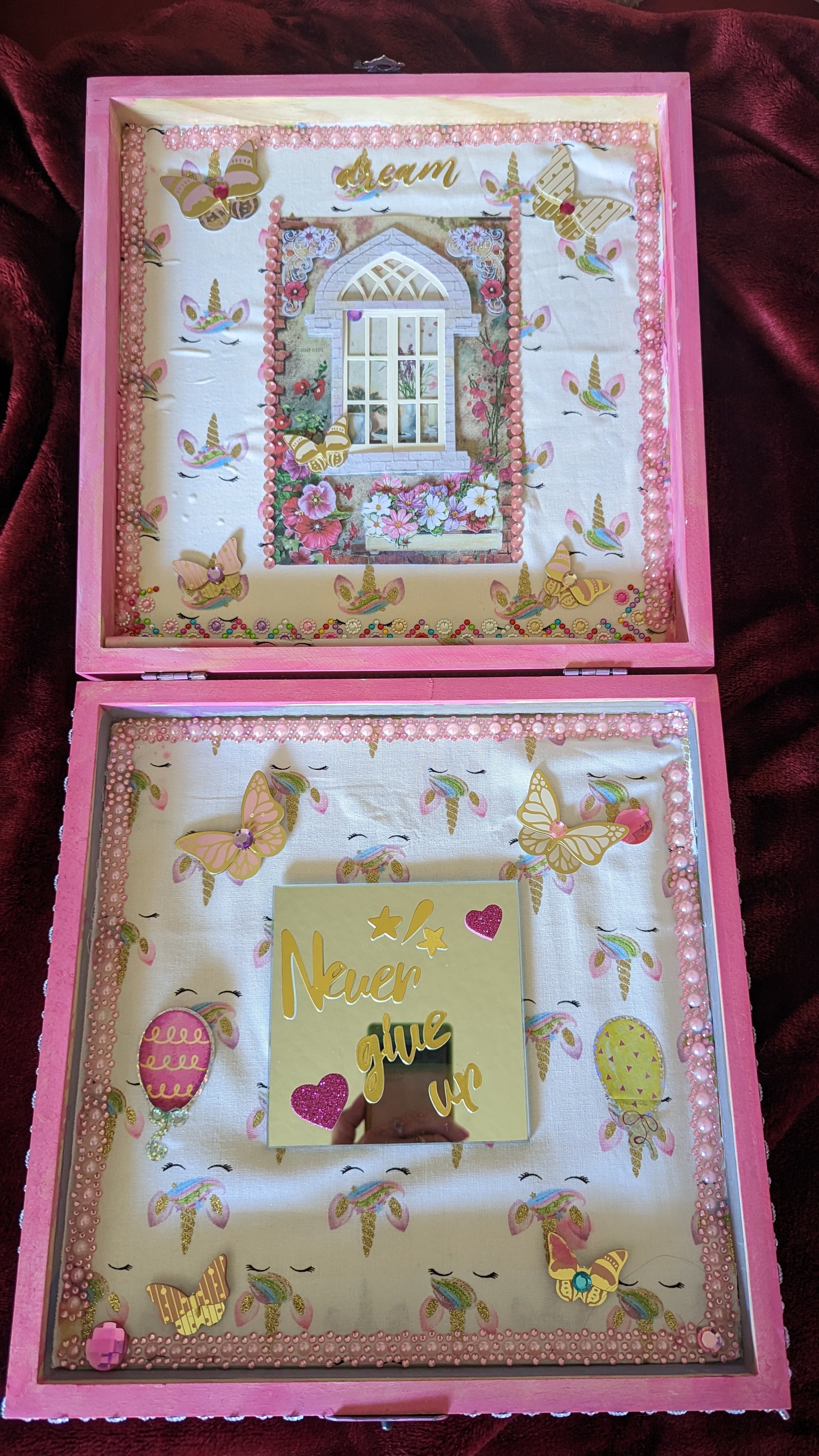 Mythic Wishbox Oil Painting featuring Nimue in a pink maiden design by Sharon Tatem, showcasing intricate details and vibrant colors.