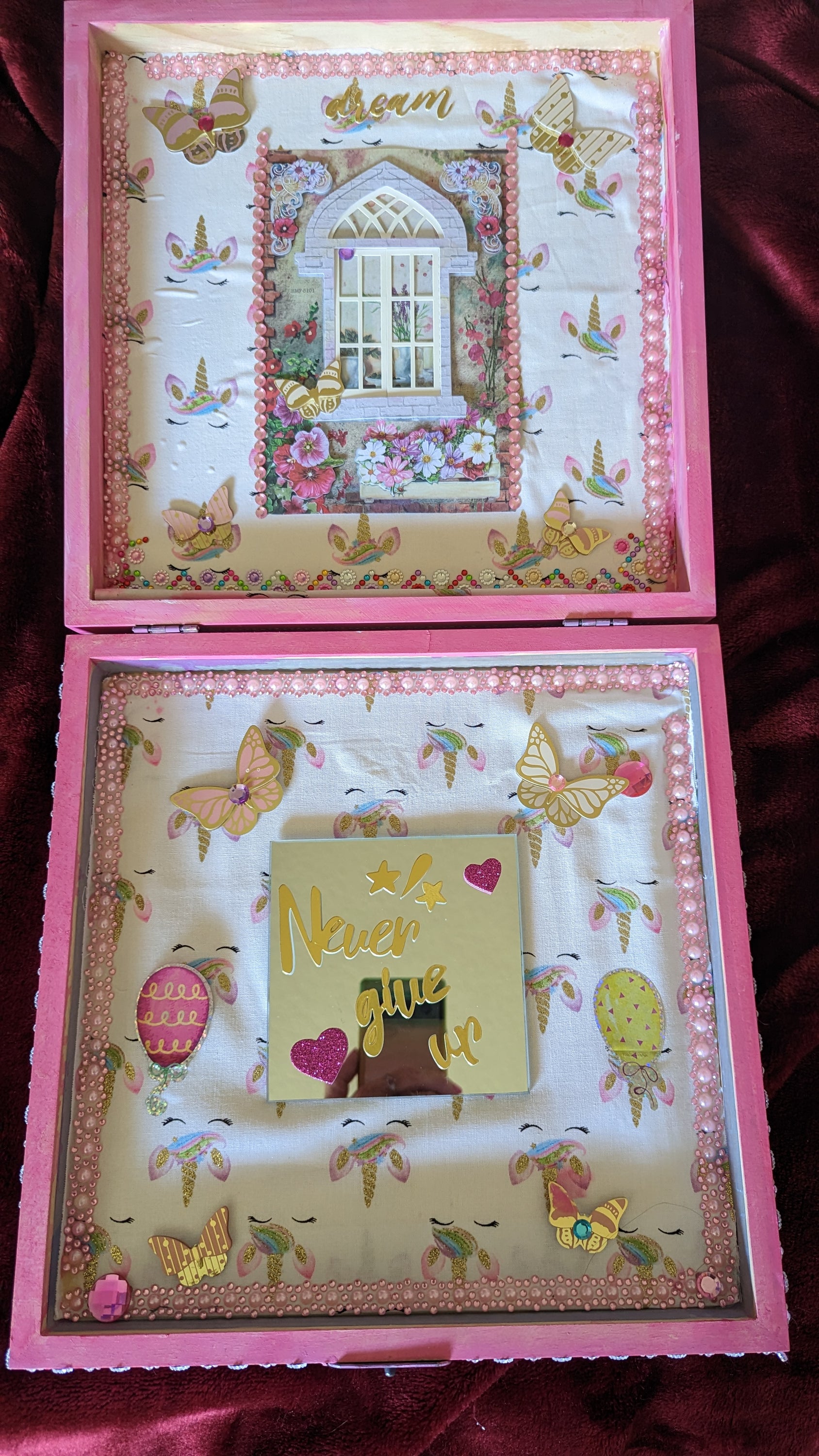 Mythic Wishbox Oil Painting featuring Nimue in a pink maiden design by Sharon Tatem, showcasing intricate details and vibrant colors.