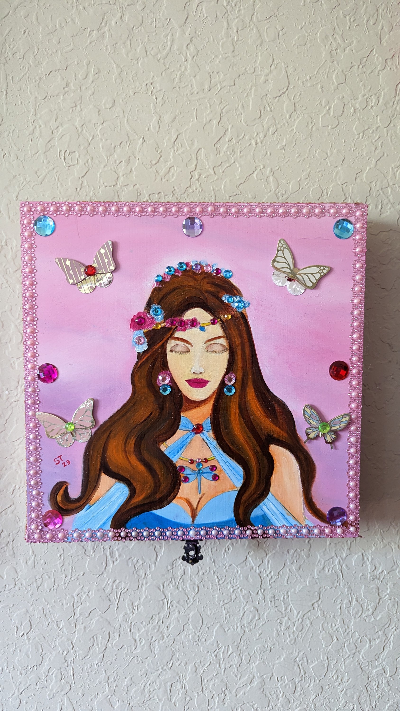 Mythic Wishbox Oil Painting featuring Nimue in a pink maiden design by Sharon Tatem, showcasing intricate details and vibrant colors.