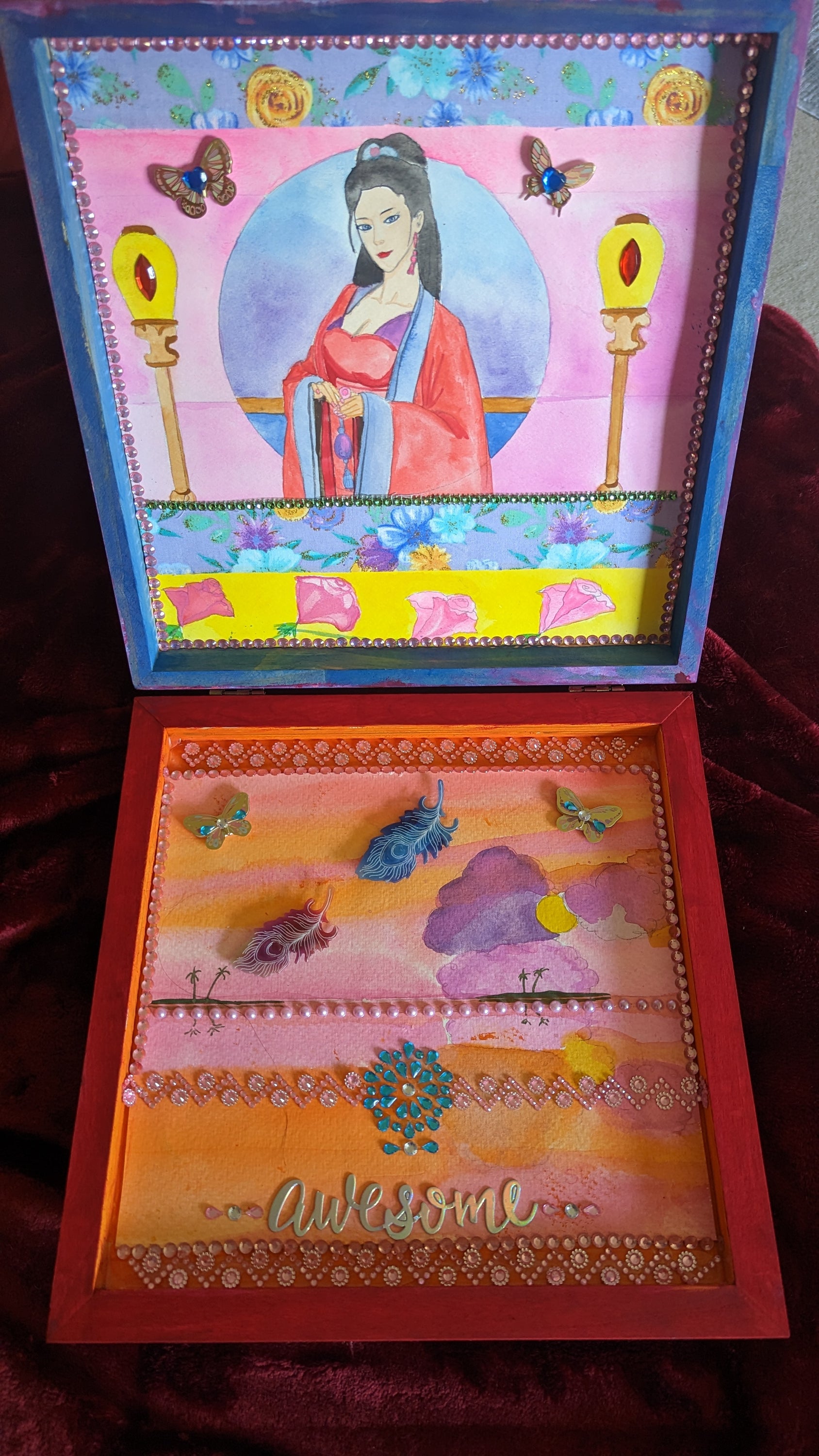 Sharon Tatem's Wishbox Oil Painting featuring a beautifully hand-decorated box with intricate maiden designs, symbolizing dreams and magic.