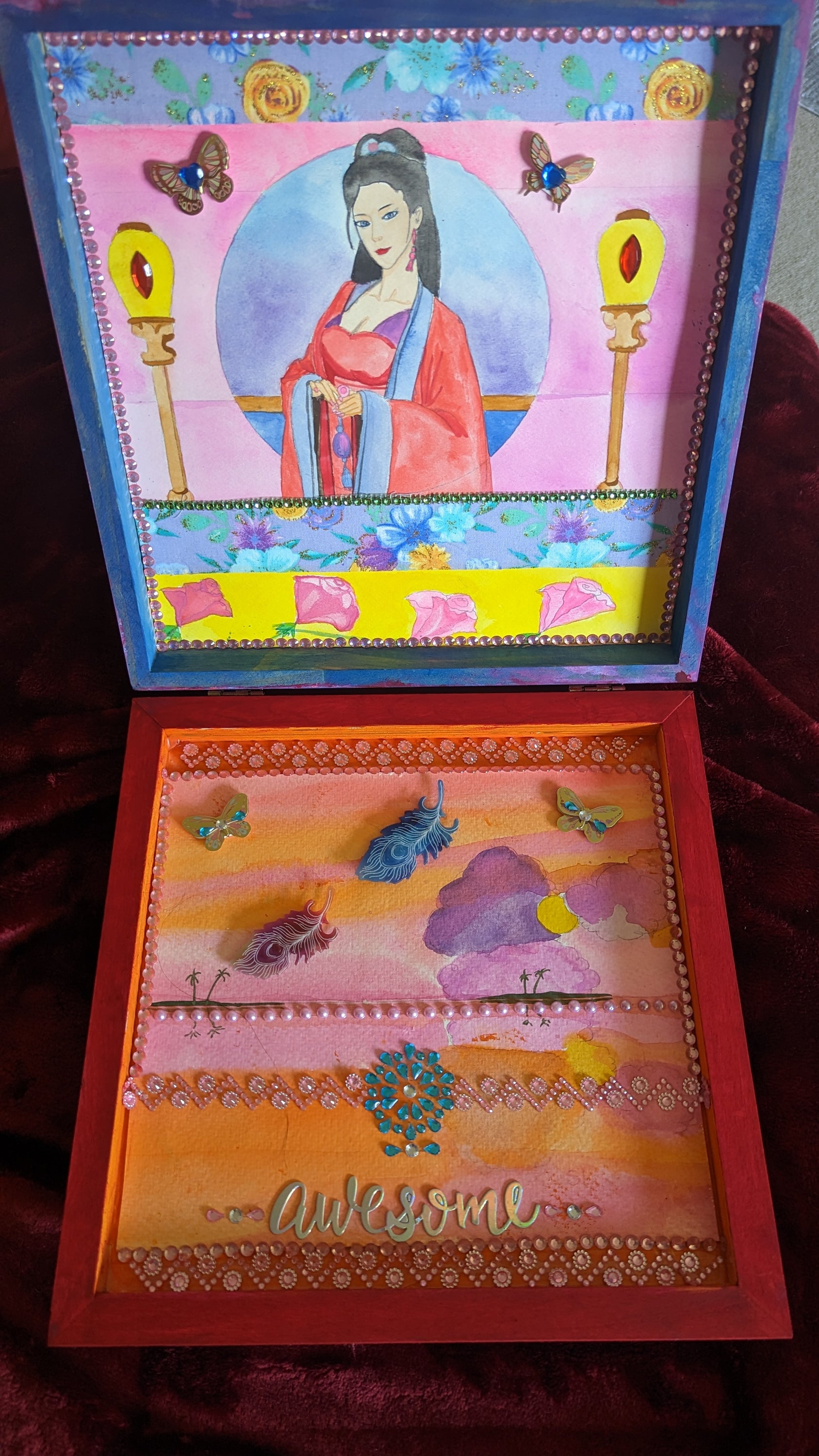 Sharon Tatem's Wishbox Oil Painting featuring a beautifully hand-decorated box with intricate maiden designs, symbolizing dreams and magic.