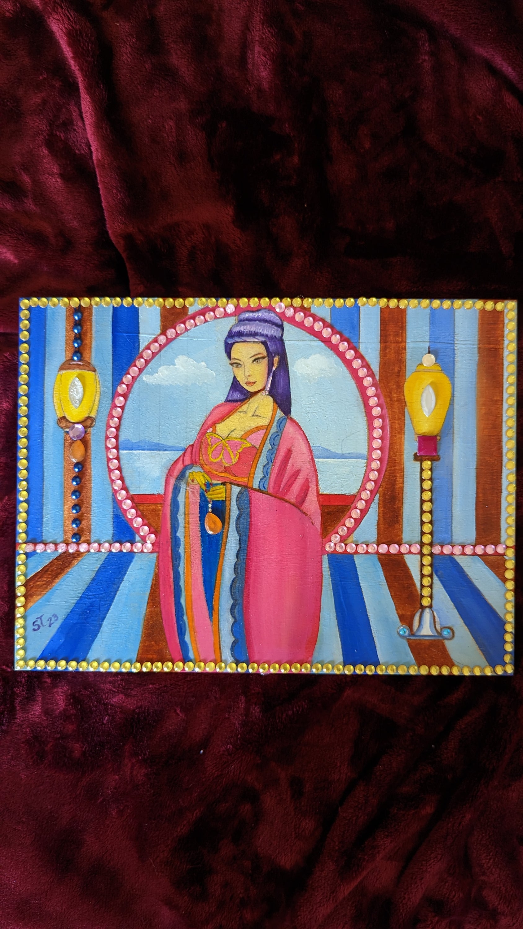 Mythic Wishbox Oil Painting featuring Sun Shangxiang, a hand-decorated art piece by Sharon Tatem, symbolizing dreams and wishes.