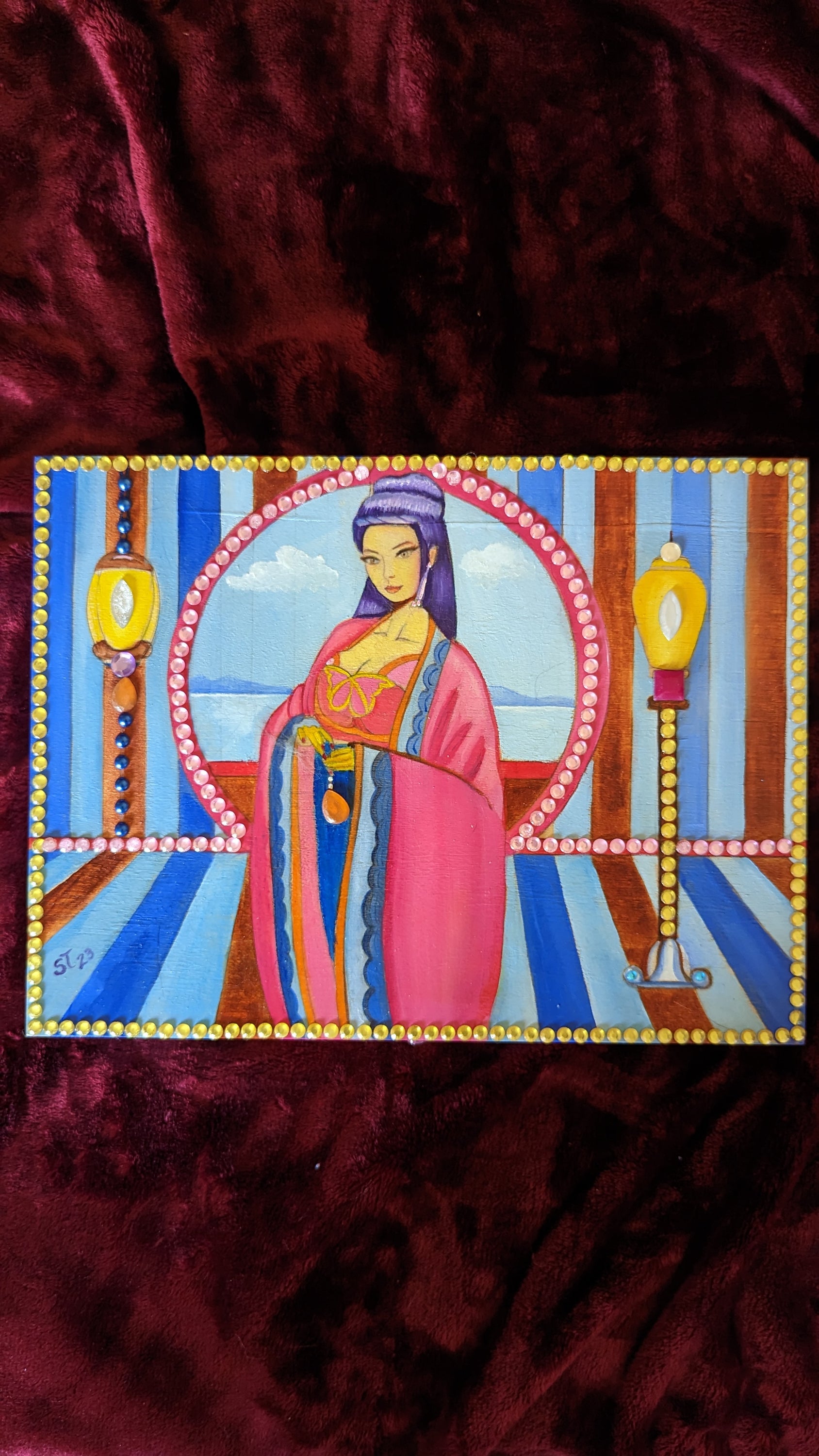 Mythic Wishbox Oil Painting featuring Sun Shangxiang, a hand-decorated art piece by Sharon Tatem, symbolizing dreams and wishes.