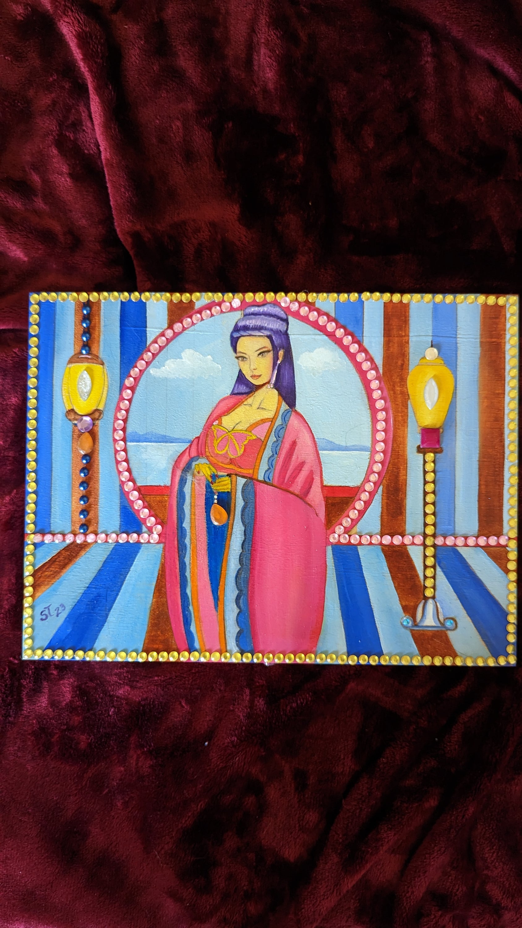 Mythic Wishbox Oil Painting featuring Sun Shangxiang, a hand-decorated art piece by Sharon Tatem, symbolizing dreams and wishes.