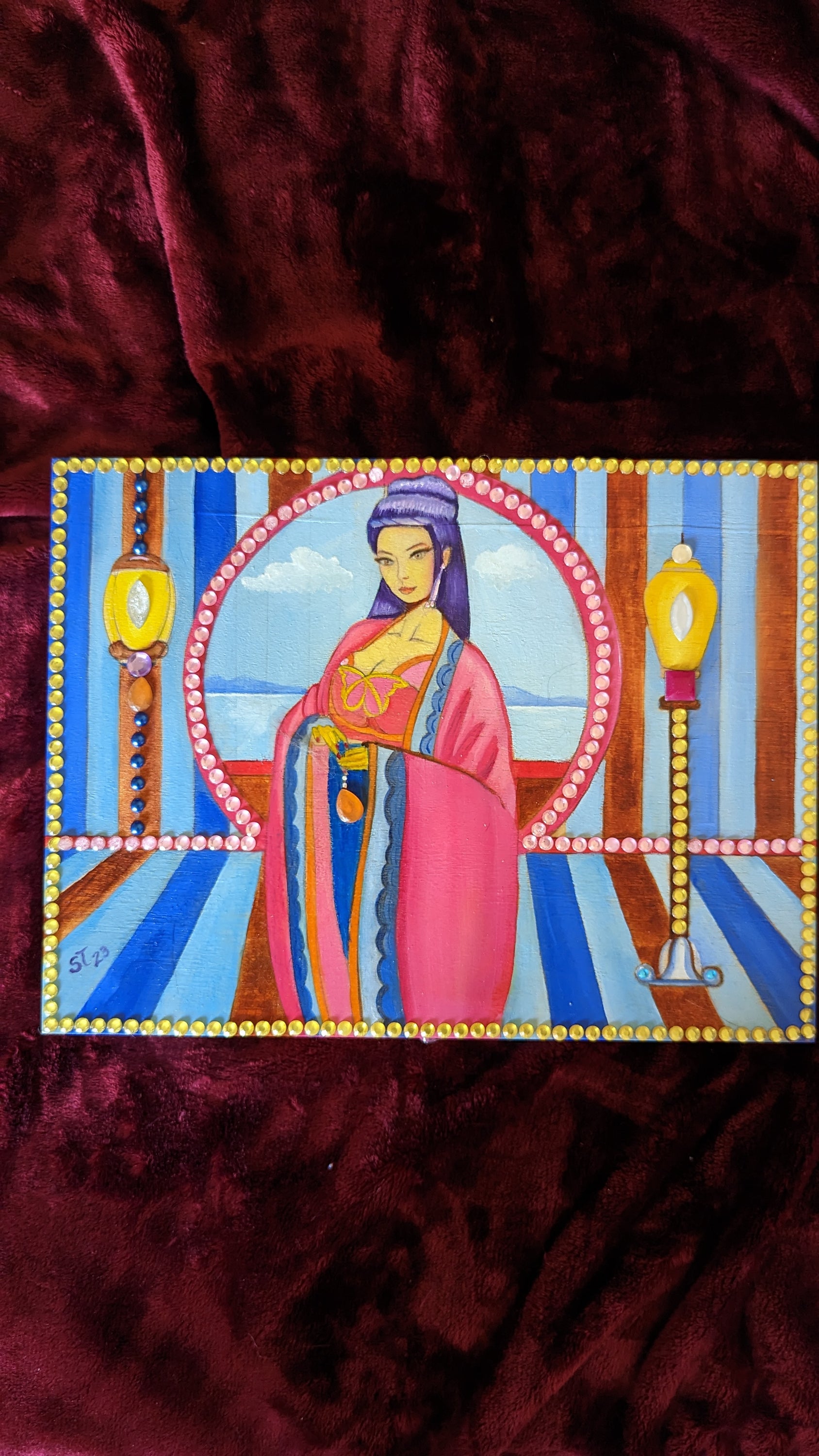 Mythic Wishbox Oil Painting featuring Sun Shangxiang, a hand-decorated art piece by Sharon Tatem, symbolizing dreams and wishes.