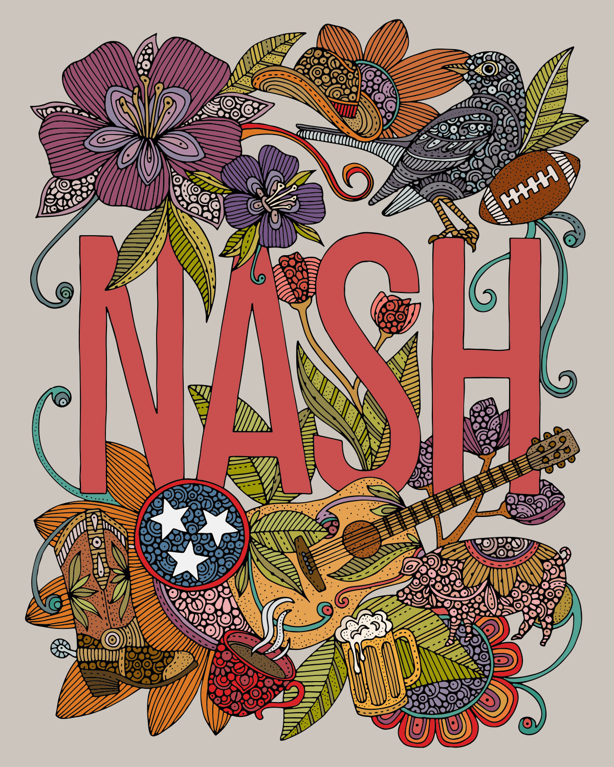 Nash - Music City artwork featuring vibrant colors on heavy matte card stock, showcasing a lively Nashville theme.