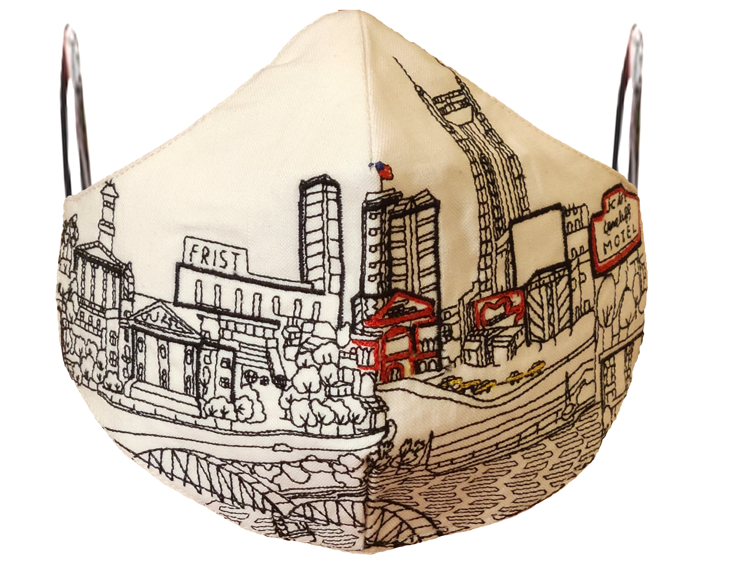 Nashville skyline embroidered face mask made of linen and cotton, featuring soft cotton lining and elastic loops for a comfortable fit.