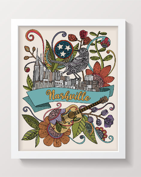 Colorful Nashville skyline art print featuring a mockingbird, printed on heavy matte card stock.