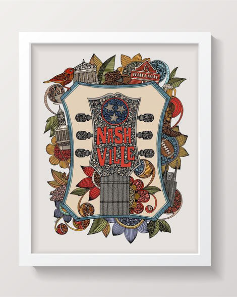 A vibrant Nashville Poster printed on 8x10 photographic paper, showcasing the city's iconic skyline and culture.
