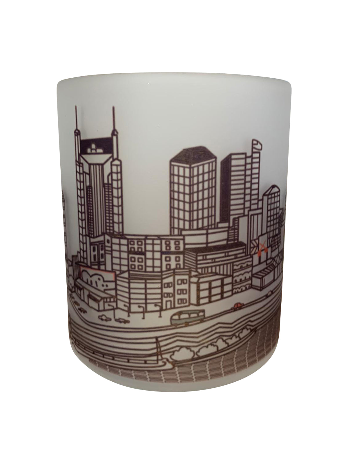 Nashville Skyline Glass Votive featuring a detailed skyline design, ideal for tealights and home decor.