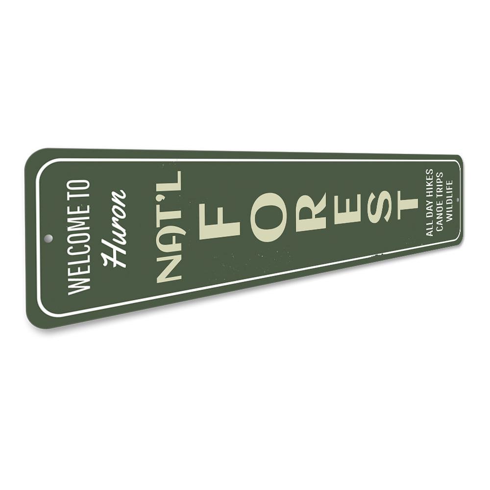National Forest Vertical Sign made of durable aluminum, featuring customizable text for personalized lakeside decor.