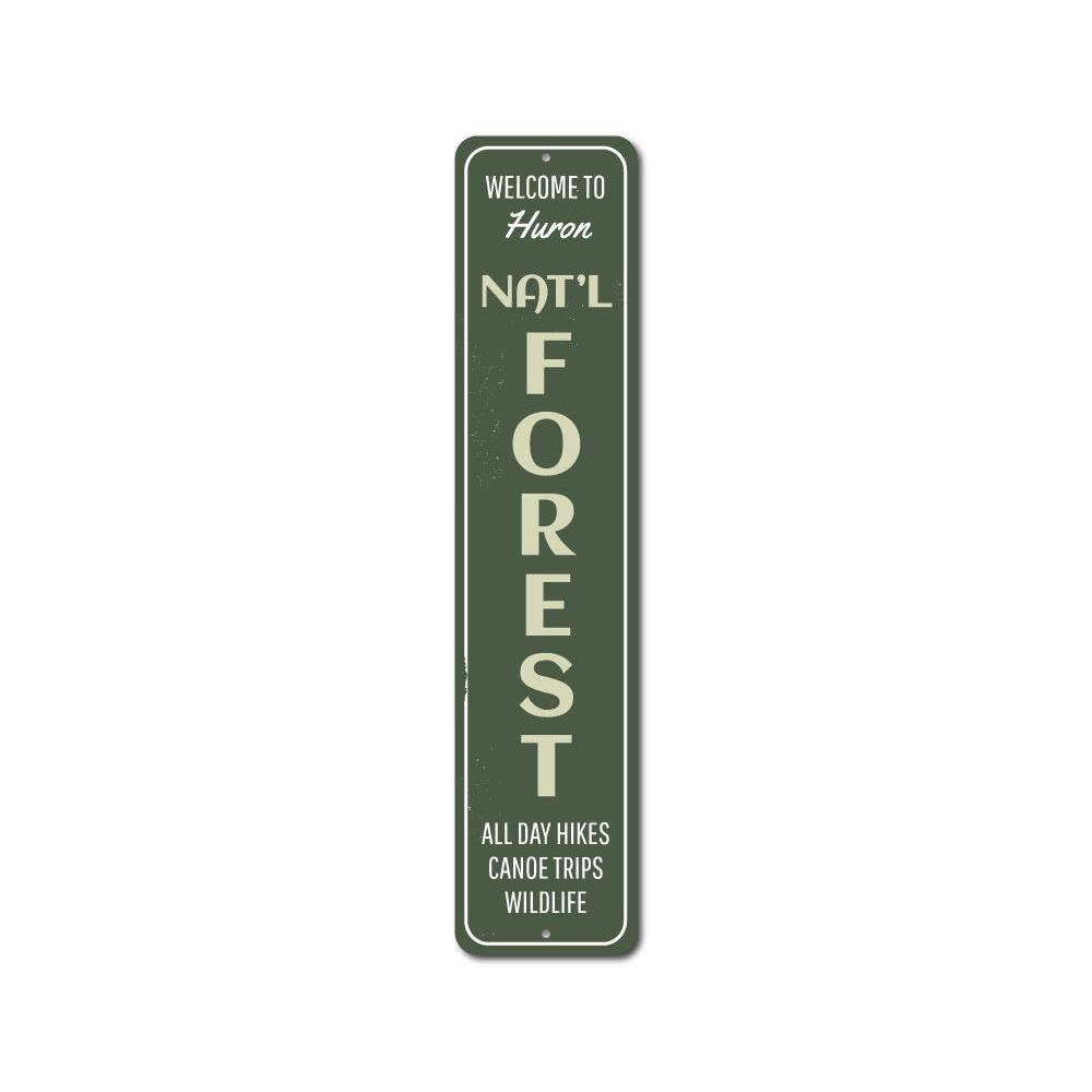 National Forest Vertical Sign made of durable aluminum, featuring customizable text for personalized lakeside decor.