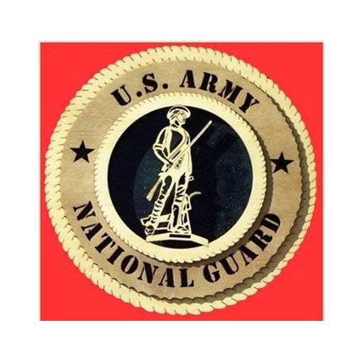 Handcrafted National Guard Wall Tribute, 9 inches, made by American veterans, showcasing patriotic design.