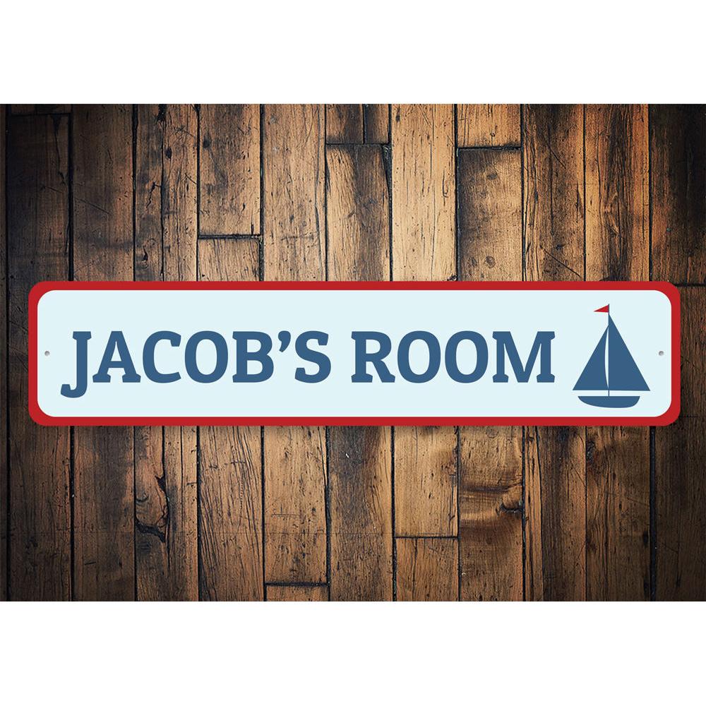 A colorful Nautical Kid Room Sign featuring a personalized name, crafted from high-quality aluminum, perfect for children's rooms.
