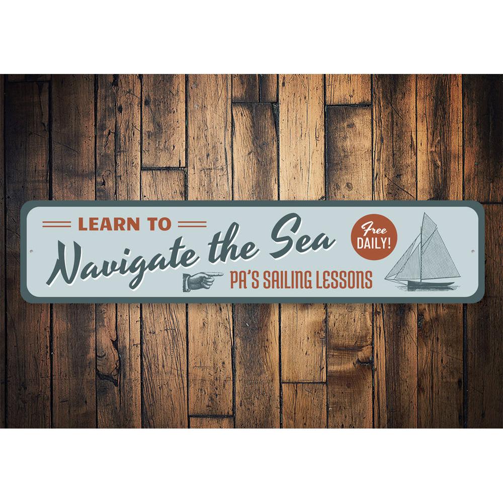 Navigate the Sea Sign featuring a coastal design, made from high-quality aluminum, perfect for beach-themed decor.
