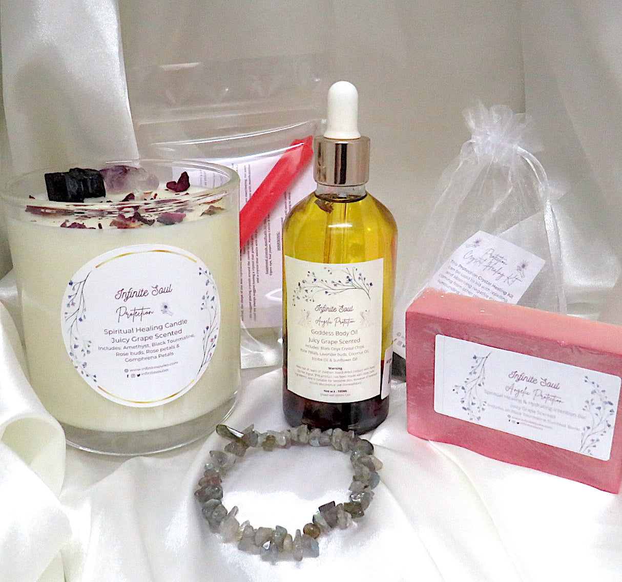 Negative Energy Be Gone Protection Bundle featuring candles, crystals, and oils for spiritual protection and manifestation.