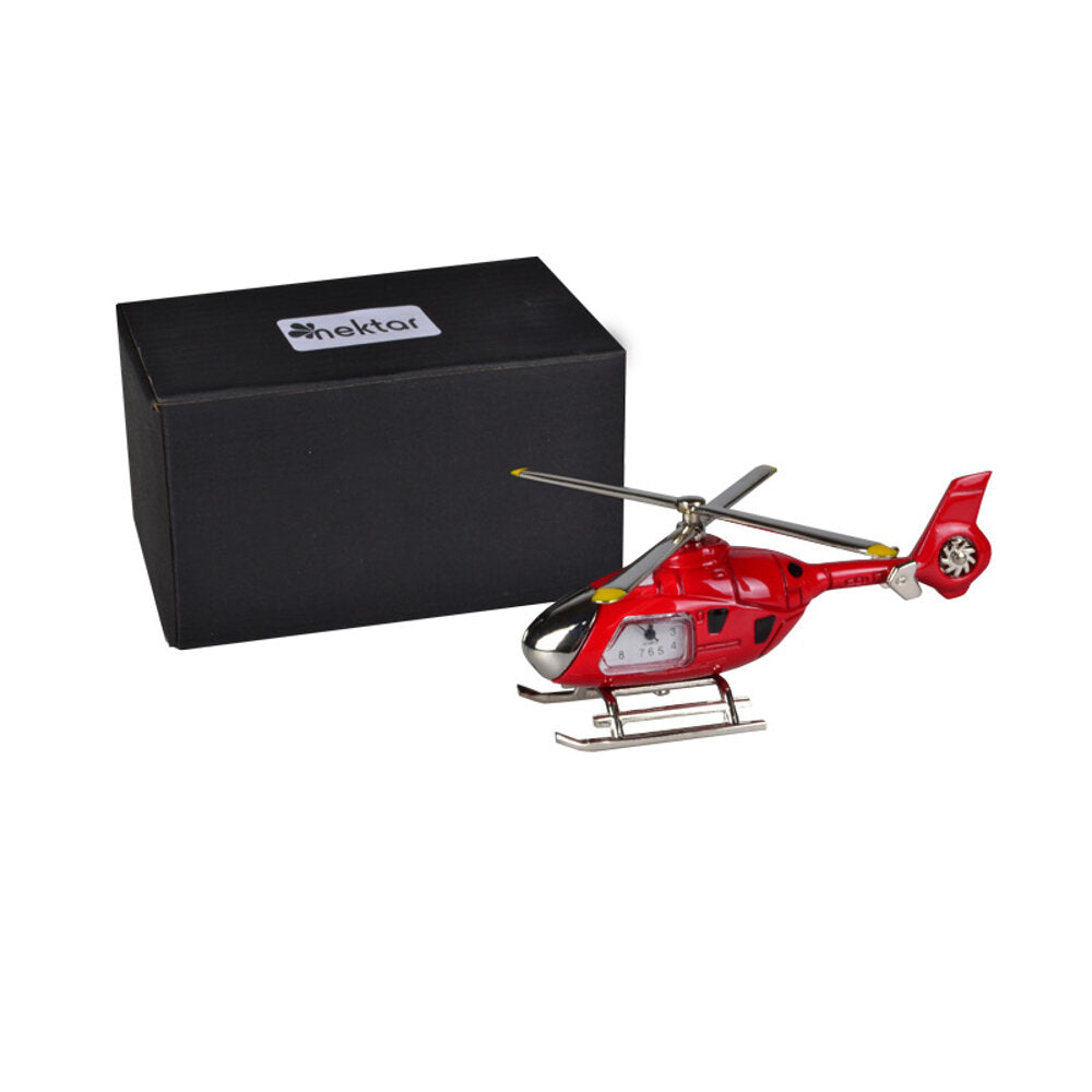 Nektar Tischuhr in Hubschrauberform, rote Farbe mit weißem Zifferblatt, dekorativ und funktional.