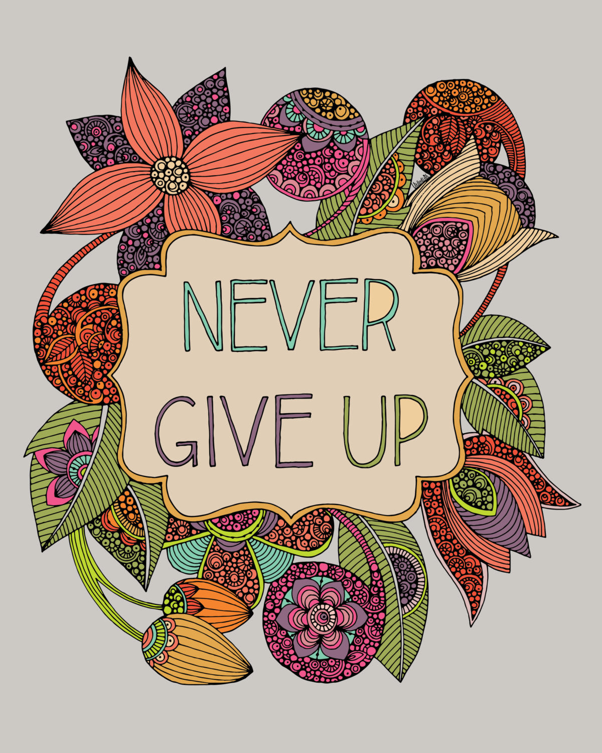A motivational artwork titled 'Never Give Up' printed on 8x10 photographic paper, featuring vibrant colors and an inspiring message.