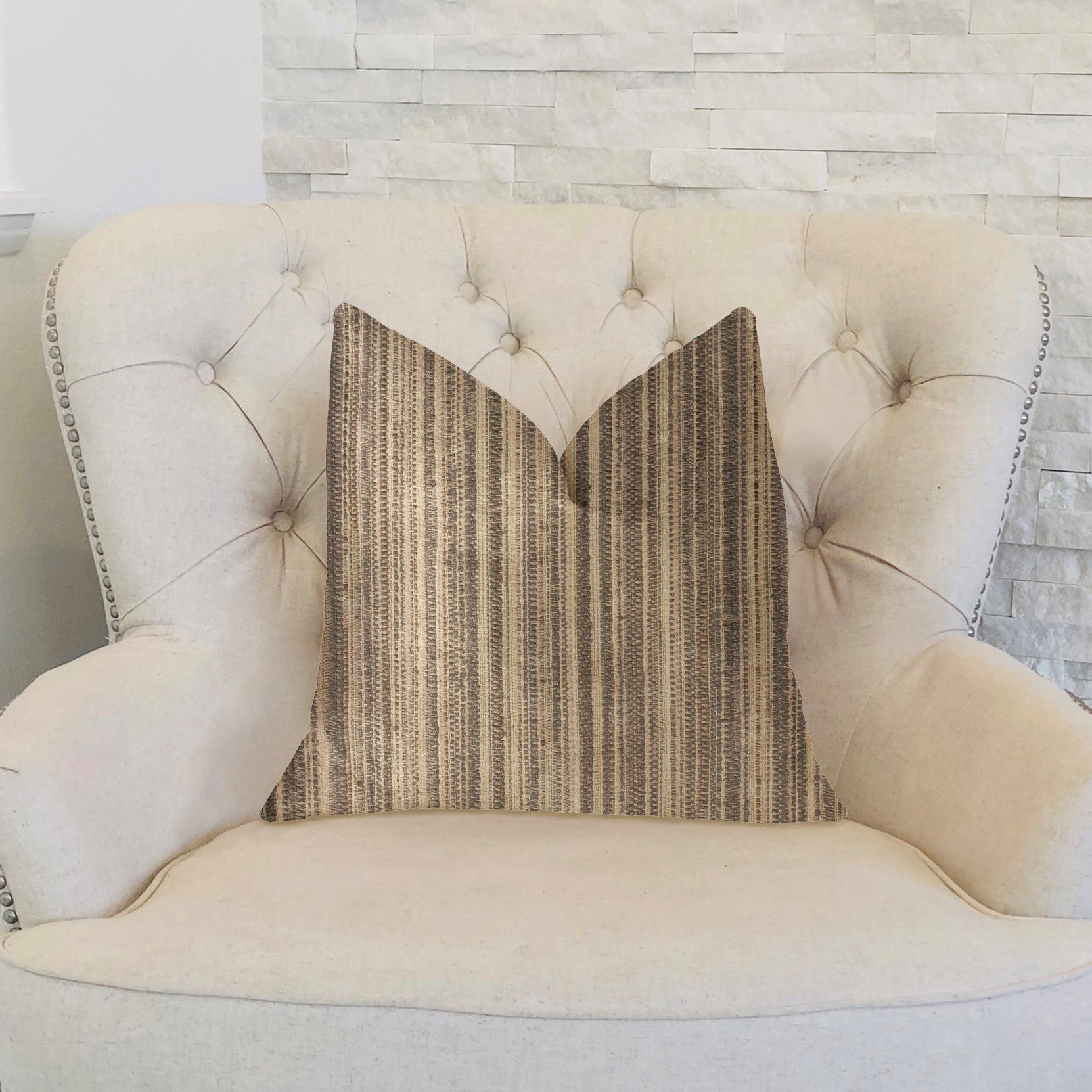 New Hampton Ivory and Beige Luxury Throw Pillow with striped pattern, featuring a soft fabric blend and invisible zipper closure.