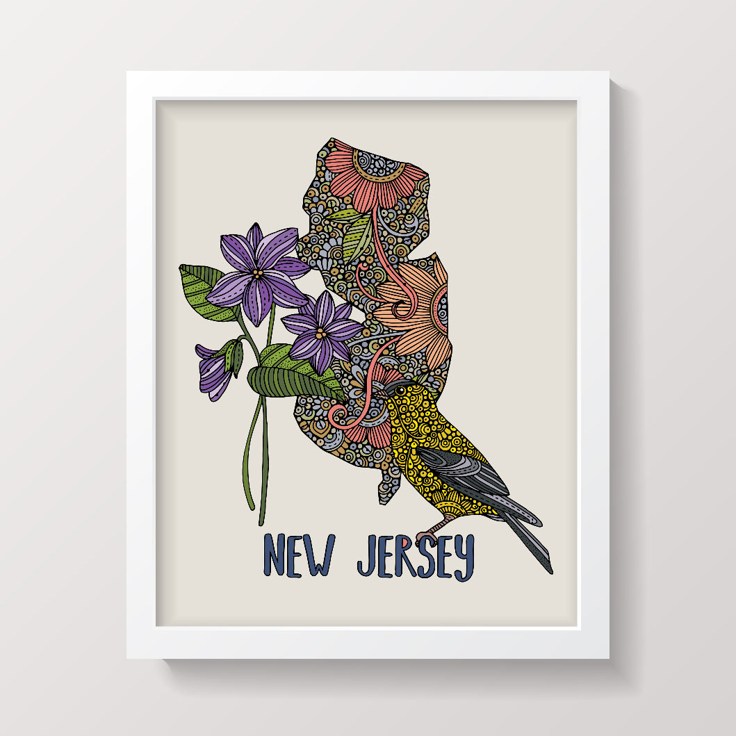 Archival art print of New Jersey State Map featuring the state bird Violet, designed in pen and ink with digital coloring.