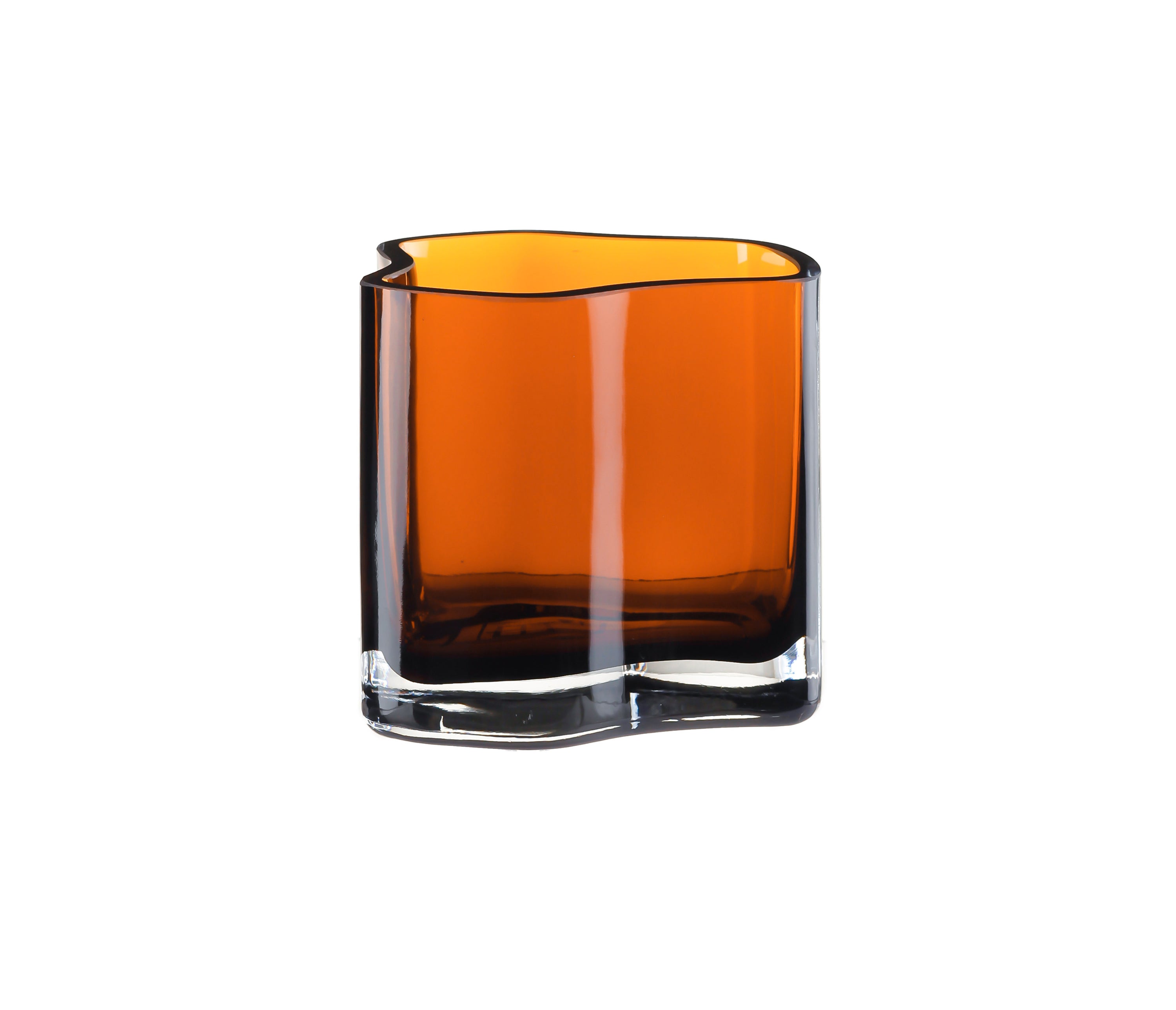 Modern amber vase inspired by coral and Aalto design, featuring an organic shape and made from thick glass.